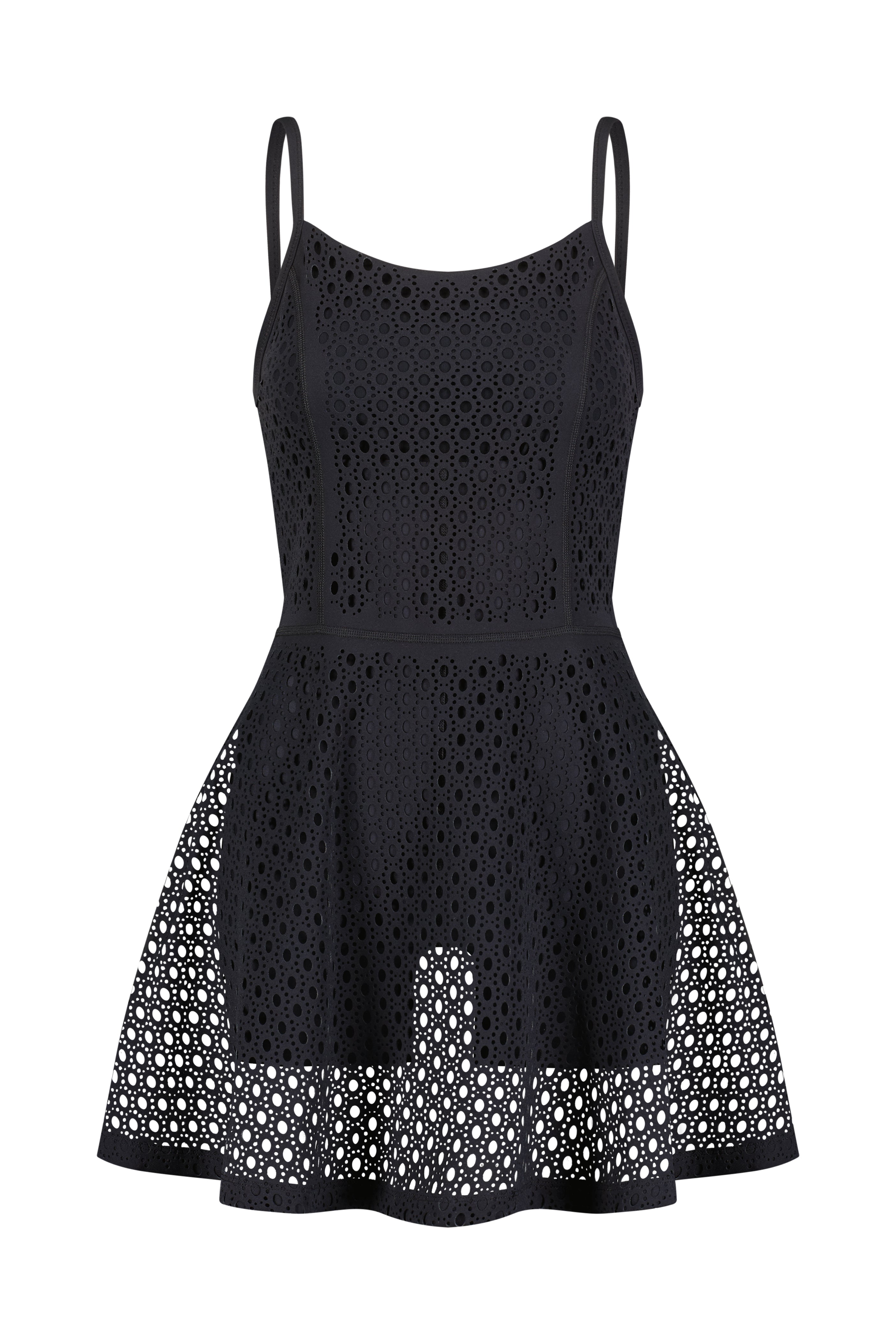 Introducing Gigi C Sports Lennox Dress: a black sleeveless design with thin straps and an A-line silhouette. It features a mesh overlay with circular cutout patterns for a chic semi-transparent look, perfect for any occasion.