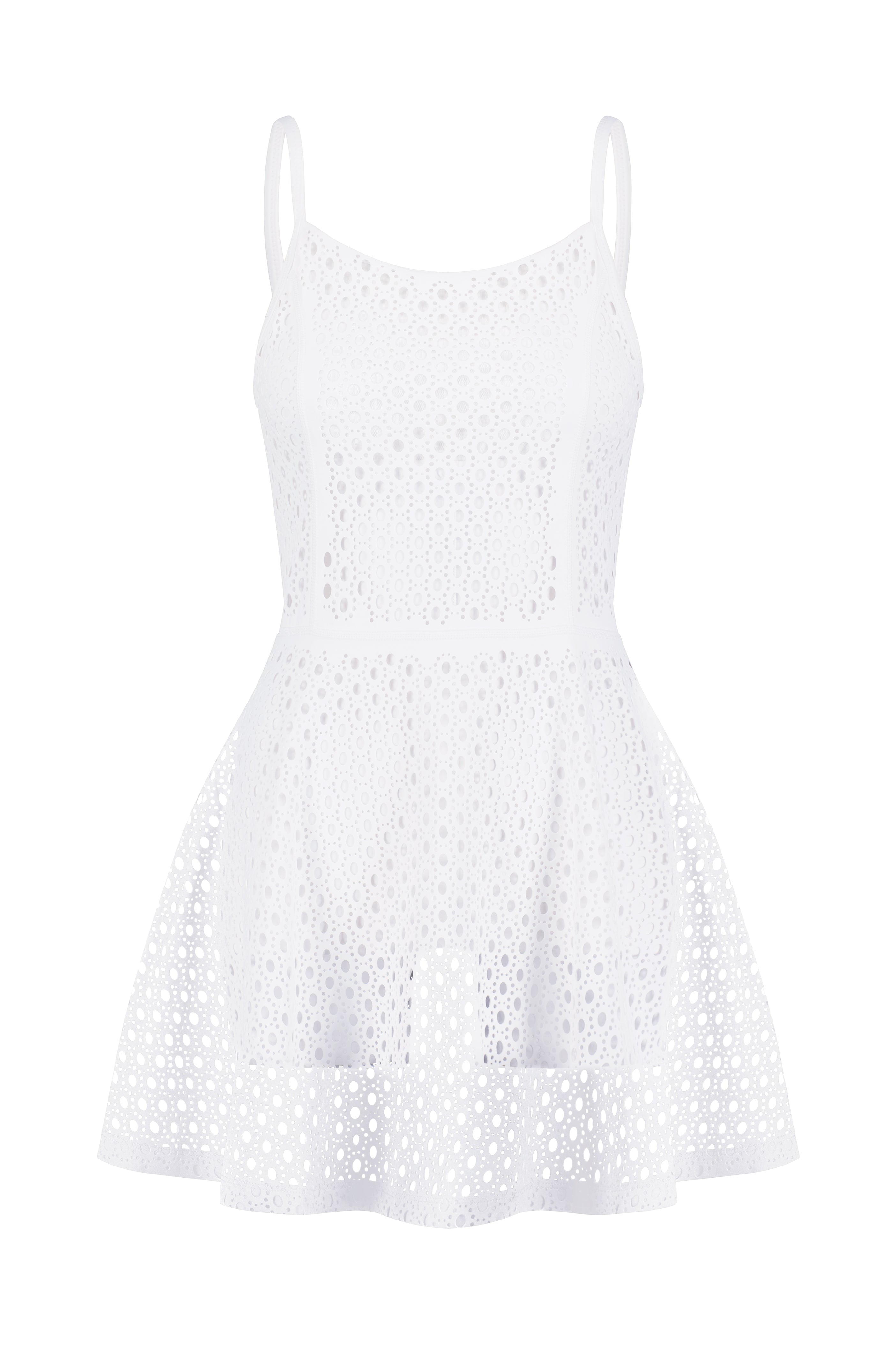 The Lennox Dress by Gigi C Sport is a sleeveless white piece with spaghetti straps and a flared skirt. Crafted from stretch fabric, it has a perforated design with circular cutouts, offering texture and an airy feel ideal for blending athleisure style with elegance.