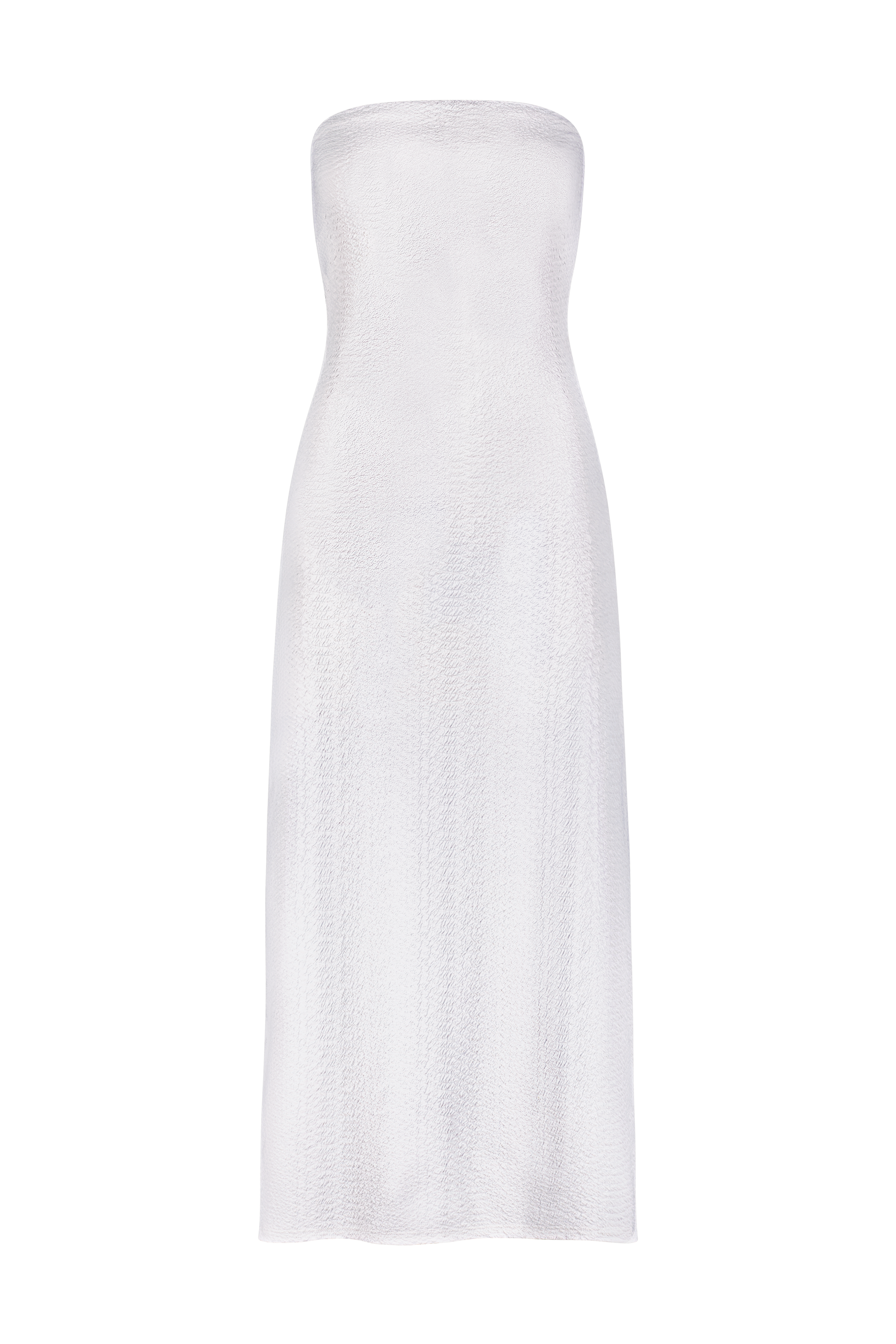 Discover the Maya Dress by Gigi C Bikinis: a strapless white dress in textured faux snake fabric. Its tridimensional elasticity offers a sleek, form-fitting mid-length silhouette, embodying elegance against a black background.