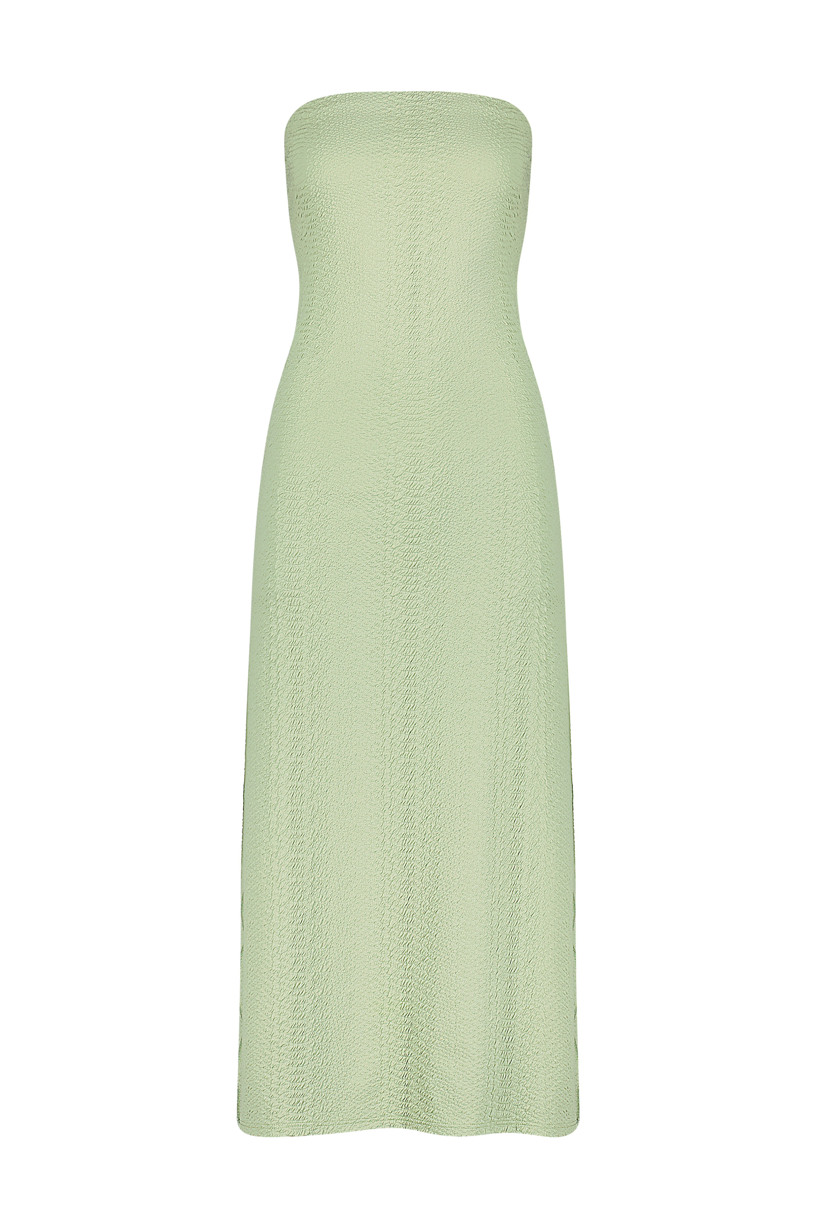 The Gigi C Bikinis Maya Dress, a strapless light green faux snake design with a textured fitted bodice and slightly flared skirt, is displayed on a black background. This simple yet elegant piece is perfect for chic poolside lunch attire.