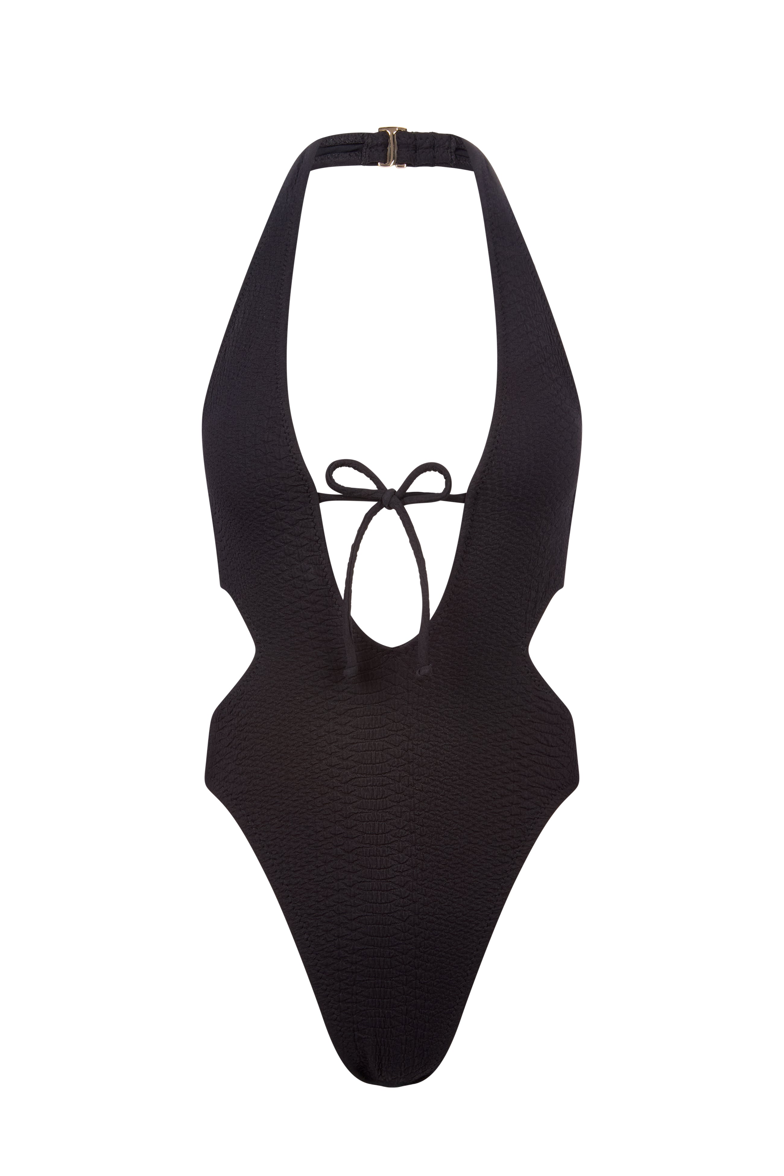 The Megan One Piece by Gigi C Bikinis features a chic snakeskin embossed fabric, stylish halter neck with a front bow tie, side cutouts, and elegant gold hardware.