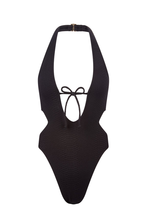 The Megan One Piece by Gigi C Bikinis features a chic snakeskin embossed fabric, stylish halter neck with a front bow tie, side cutouts, and elegant gold hardware.