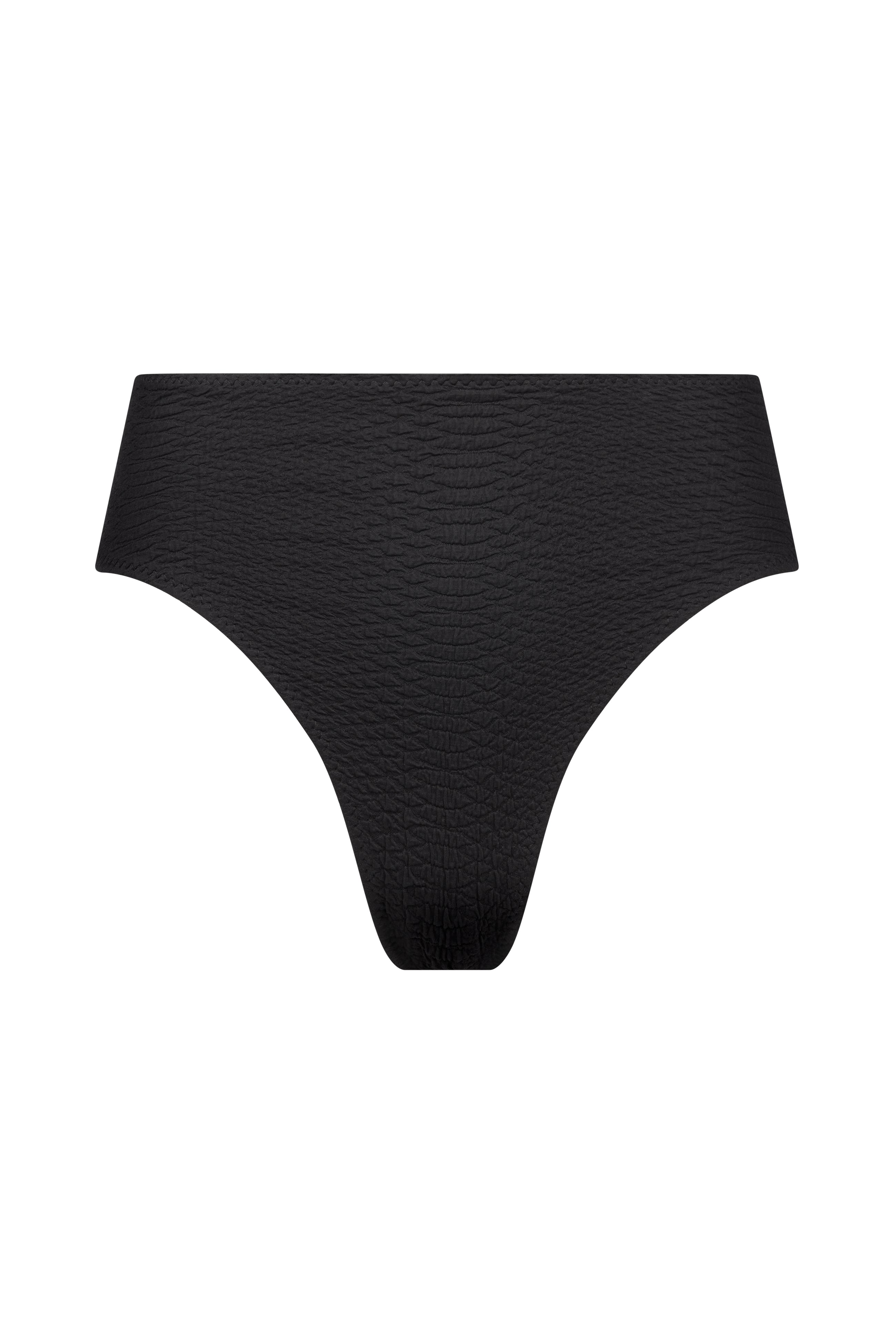 The Melinda Bottom by Gigi C Bikinis features a black, high-cut snakeskin embossed design, shown on a white background.