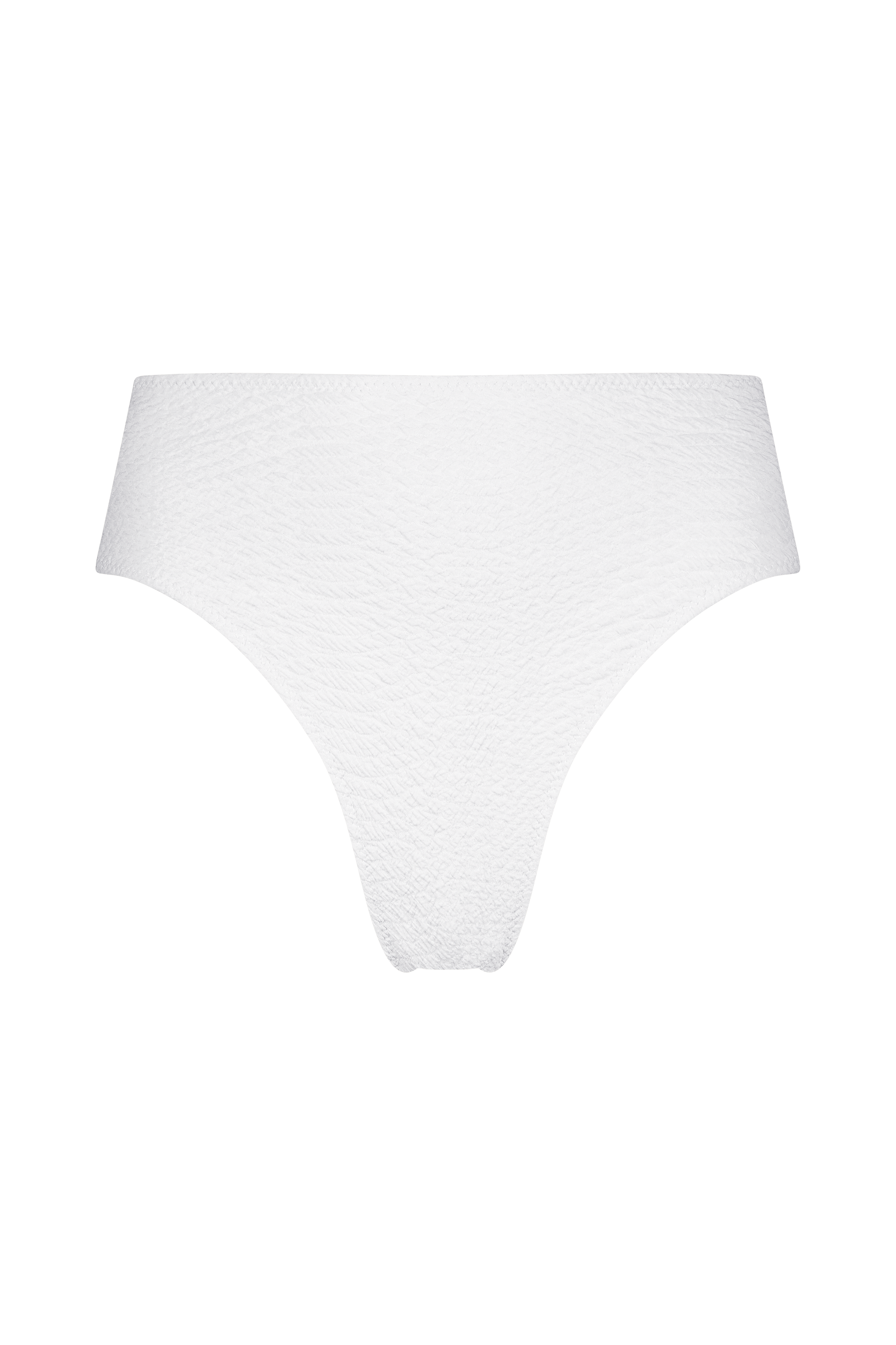 The Melinda Bottom from Gigi C Bikinis, featuring a high-waisted textured design in white, is showcased with a front view on a black background.