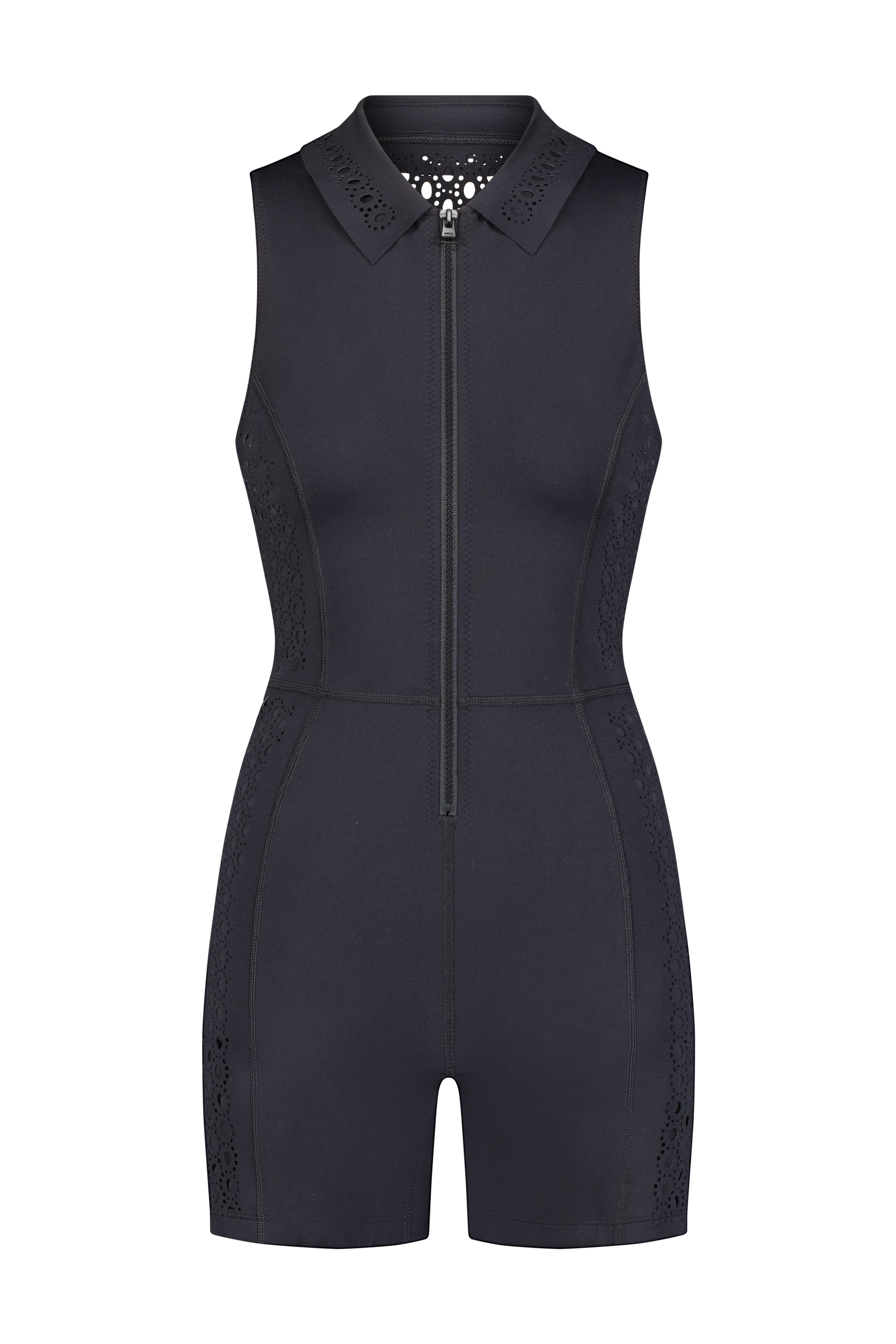 The Mina Romper by Gigi C Sport is a sleeveless black outfit with a front zipper, collared neckline, and side lace panels. This activewear piece elegantly combines simplicity and style, ideal for casual or semi-formal occasions.