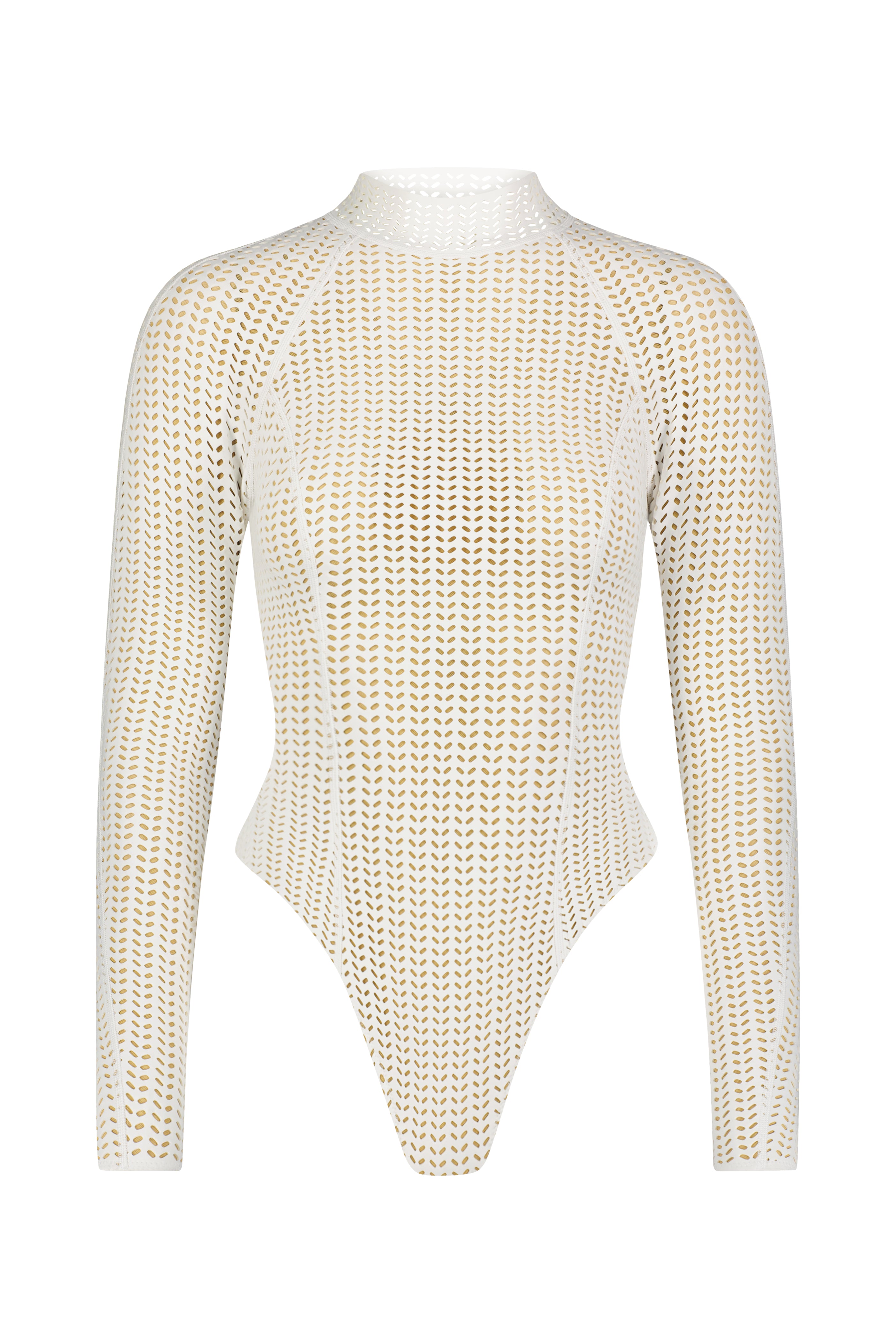 The Poppy Surfsuit by Gigi C Bikinis is a long-sleeved, high-neck bodysuit featuring a white and yellow geometric pattern on textured Chevron Scuba fabric. Perfect for the active, style-conscious individual.