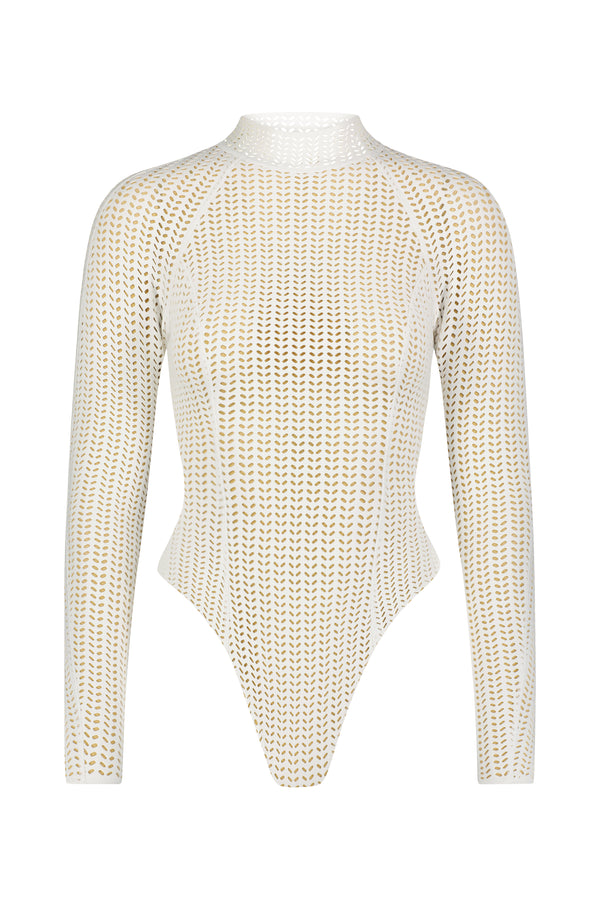 The Poppy Surfsuit by Gigi C Bikinis is a long-sleeved, high-neck bodysuit featuring a white and yellow geometric pattern on textured Chevron Scuba fabric. Perfect for the active, style-conscious individual.