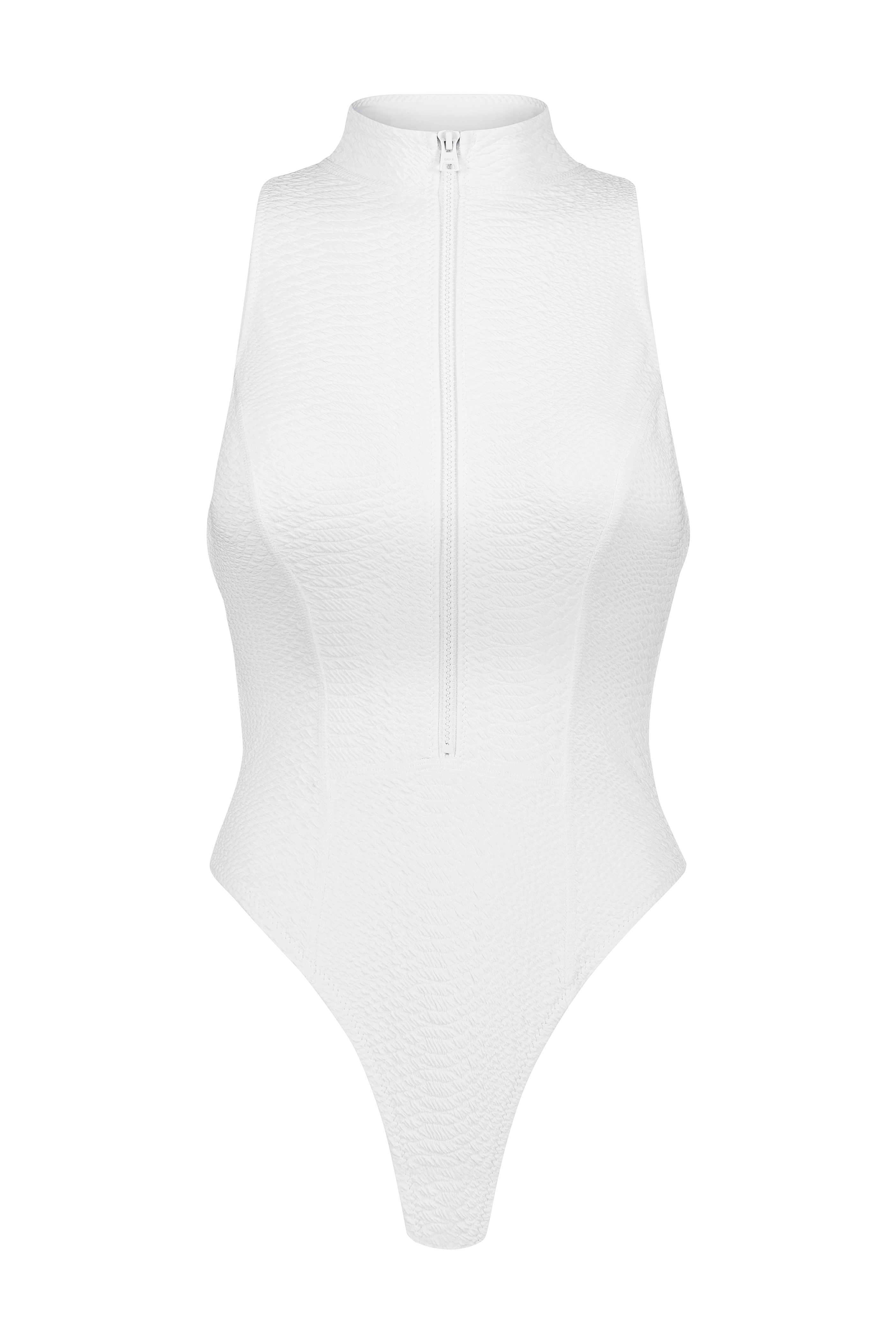 The Roxanne One Piece by Gigi C Bikinis is a white sleeveless surfsuit with a front zipper, high neck, and textured fabric. Set against a plain black background, it embodies sleek elegance.