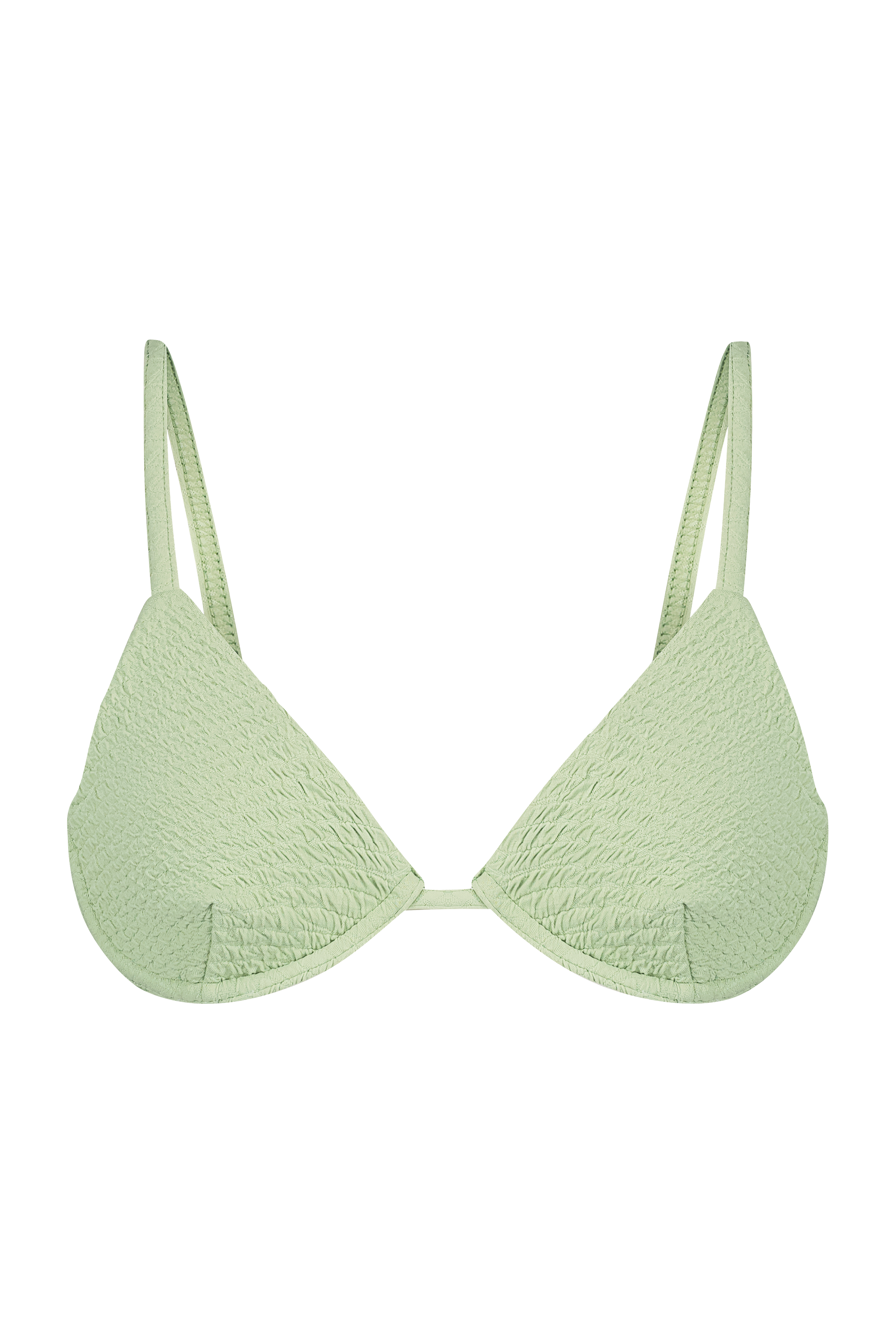 The Ruby Top by Gigi C Bikinis is a light green textured bikini top featuring adjustable shoulder straps and removable bust pads, displayed on a black background.