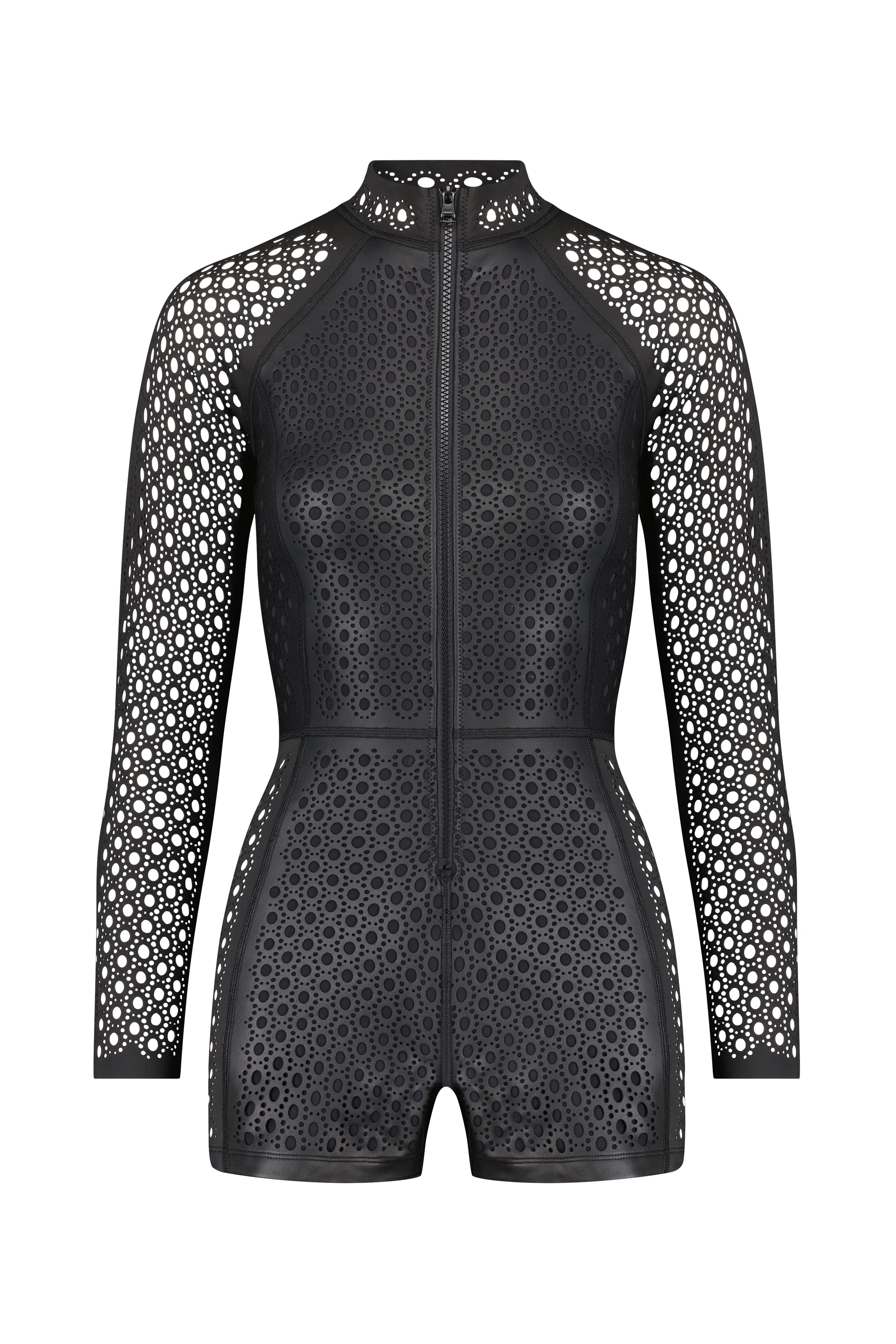 The Rowen Surfsuit by Gigi C Bikinis is a sleek black long-sleeve romper made from premium wax-coated scuba fabric. It features geometric cut-outs with circular and star designs on the sleeves and body, plus a zip-up front for a perfect swim look.