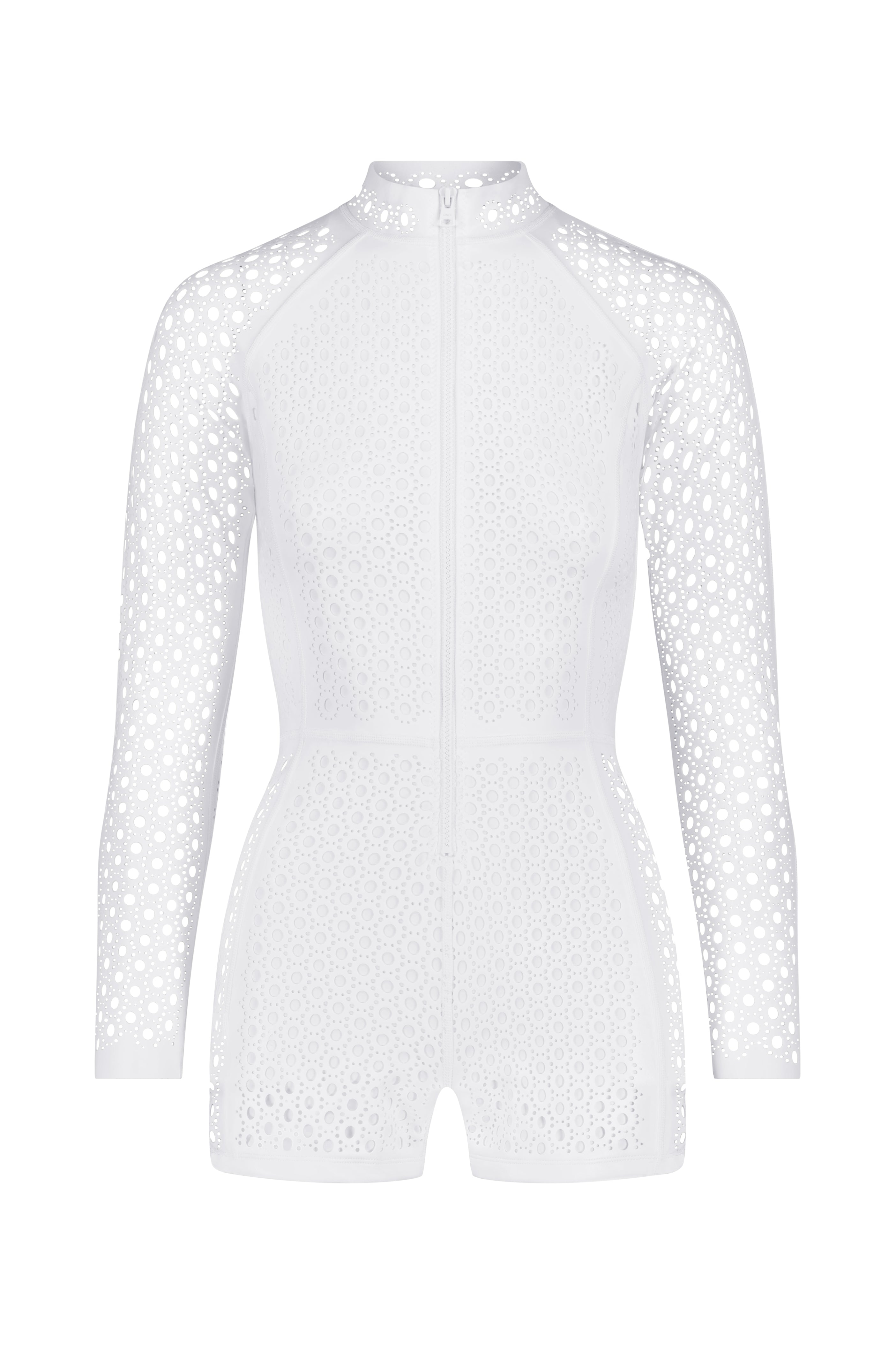 A white, long-sleeve, fitted jumpsuit with a high neckline and intricate eyelet patterns reflective of the sleek design seen in Gigi C Bikinis Rowen Surfsuit.