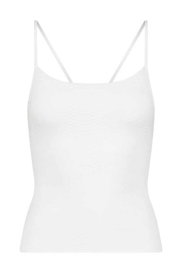 Introducing the Lucille Top by Gigi C Sport: a white, sleeveless spaghetti-strap design featuring a faux snake textured pattern. This fitted top exudes minimalist elegance with its sleek black background, ideal for those who appreciate sophisticated simplicity.