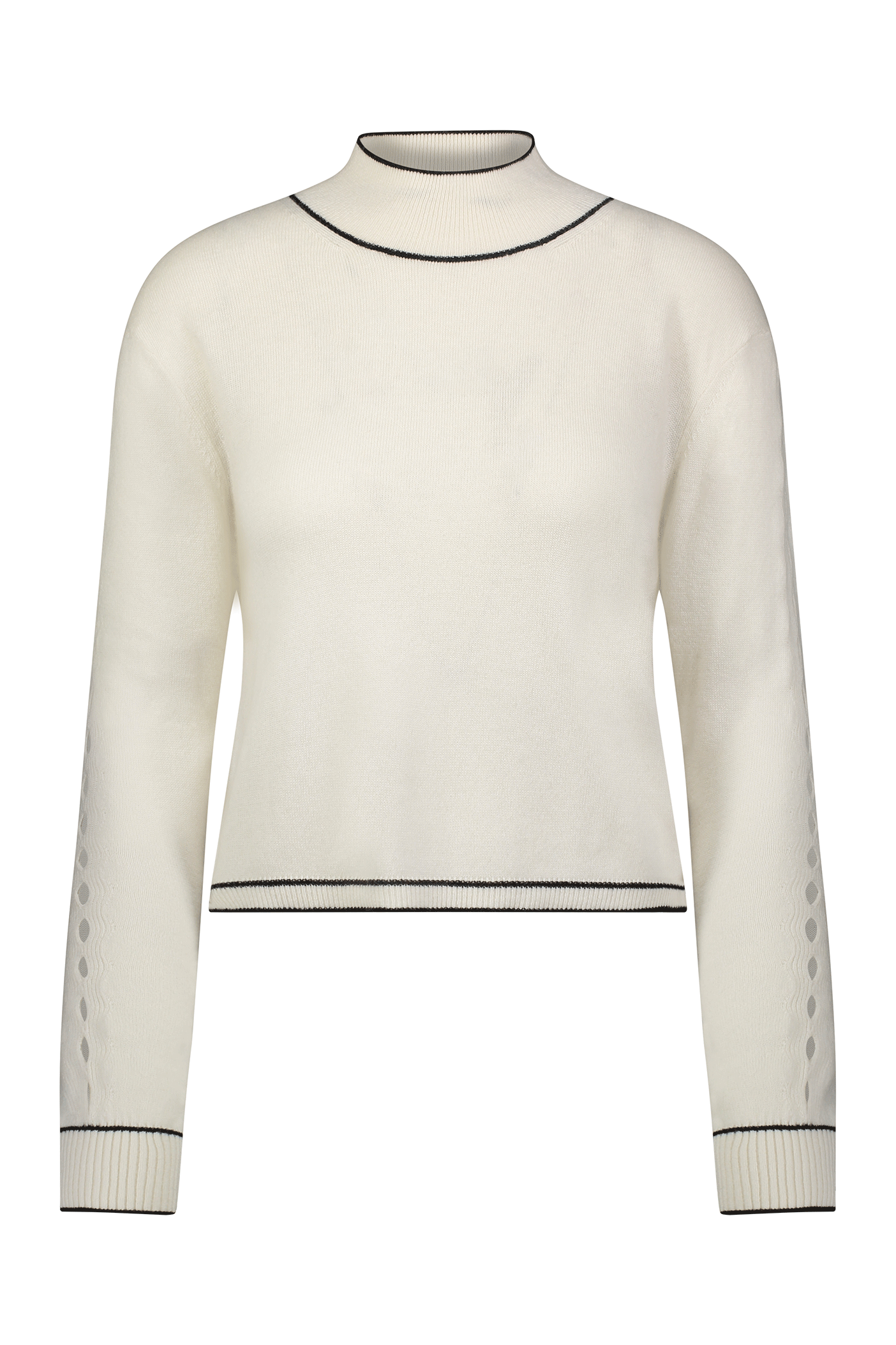 Introducing the Jacqueline Pullover by Gigi C Lounge: a cream, long-sleeve sweater with a high neck and black trim. It features teardrop cut-outs on sleeves and hem, crafted from soft recycled cashmere for an eco-friendly style.