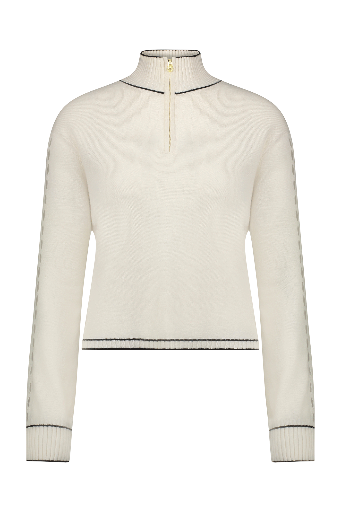 Introducing the June Sweater from Gigi C Lounge: a cream recycled cashmere pullover featuring long sleeves with black-trimmed cuffs, hem, and collar. The high neck showcases a GIGI C zipper slightly open at the top, complemented by subtle black side accents.