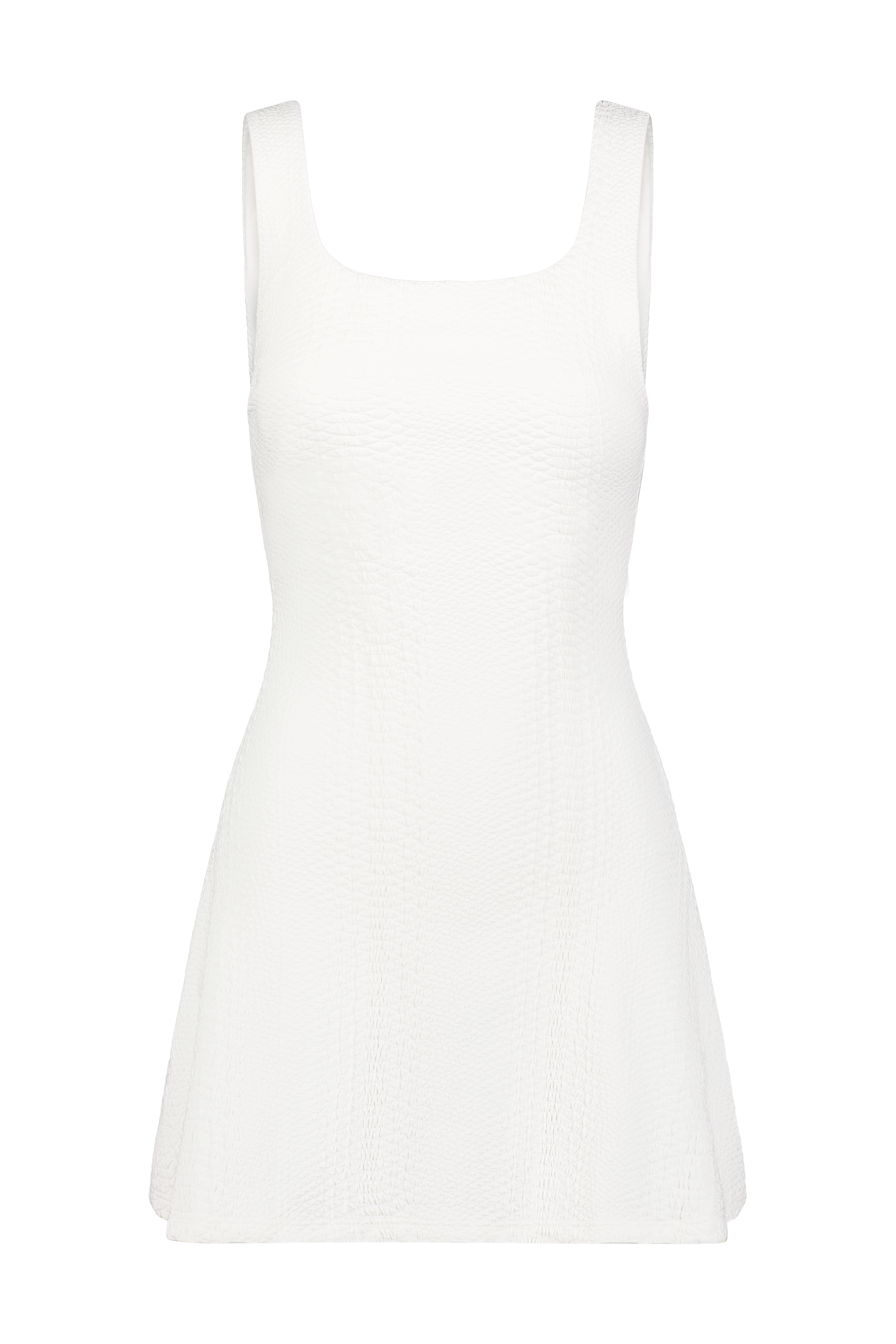 The Ezzie Dress by Gigi C Sport is a sleeveless white A-line outfit showcasing a textured design with tridimensional elasticity, highlighted by a chic square neckline against a solid black background.