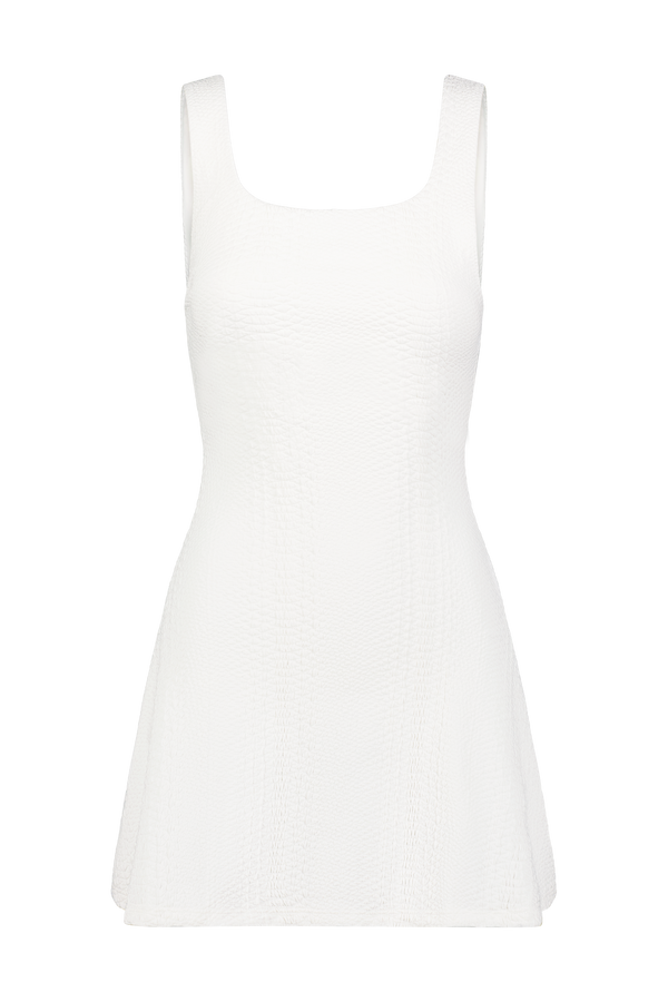 White Tennis Dress with Built in Shorts in Textured Snakeskin Fabric, Ezzie Dress - Ivory