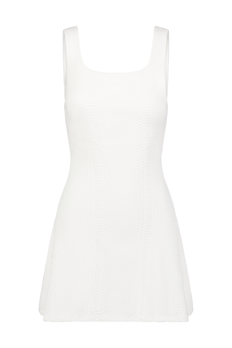 White Tennis Dress with Built in Shorts in Textured Snakeskin Fabric, Ezzie Dress - Ivory