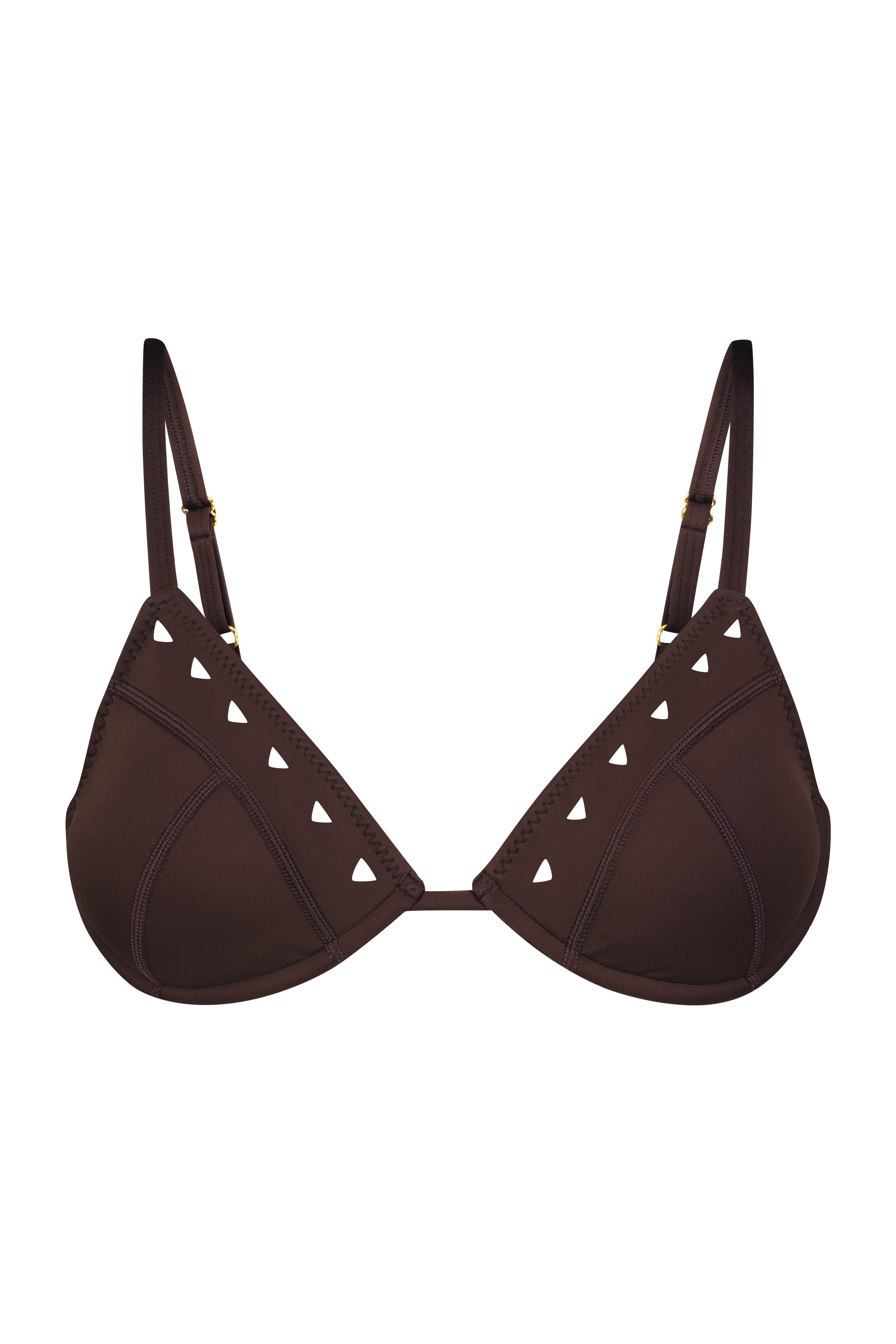 The Alice Bra by Gigi C Bikinis in the Resort 2025 Collection is a brown bikini top with triangle cups and adjustable straps, made of sleek scuba fabric featuring decorative cut-out triangles along the edges.