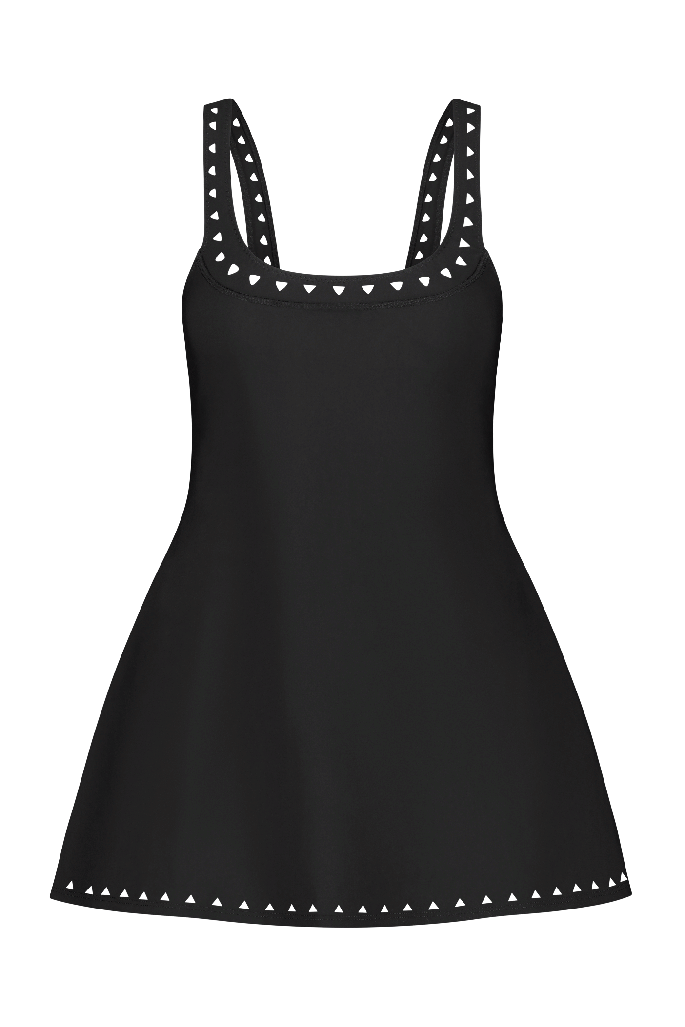 The Avery Dress by Gigi C Sport is a black sleeveless tennis dress with a flared skirt. It has triangular, stud-like designs on the neckline, straps, and hemline and features laser cutouts that give an edgy touch to its classic silhouette.