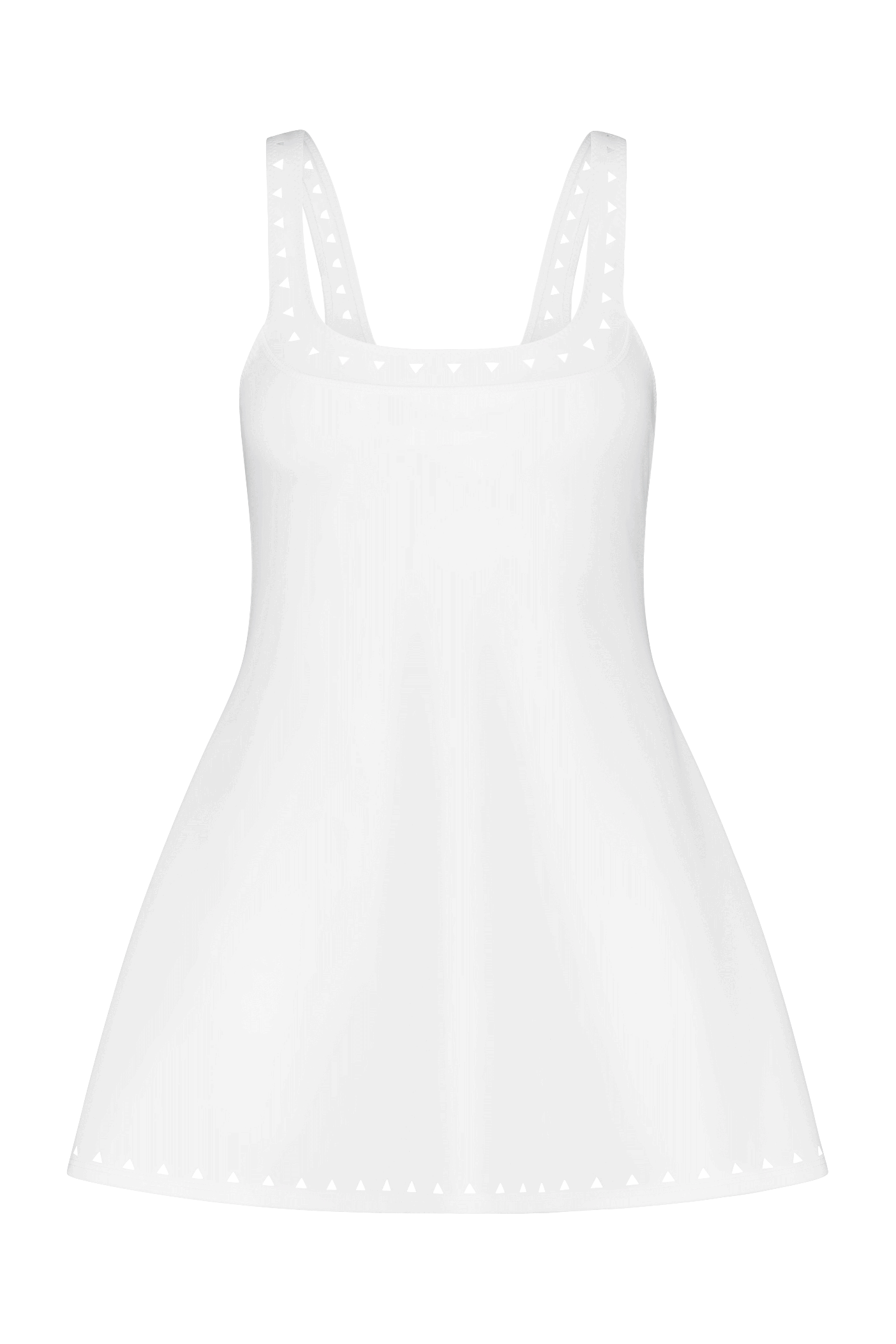 The Avery Dress by Gigi C Sport is a white sleeveless piece with thin straps, featuring elegant heart-shaped laser cutouts along the neckline and hem. Its lightweight fabric and flared skirt provide a flowy appearance.