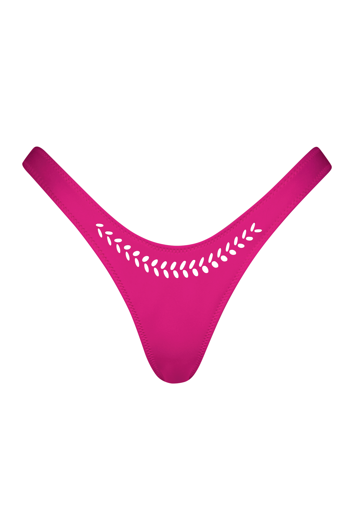 The Jaclyn Bottom by Gigi C Bikinis is a hot pink, low-rise thong made from scuba fabric, featuring laser-cut leaf patterns along the waistband on a solid black background, highlighting its vibrant color and intricate detailing.