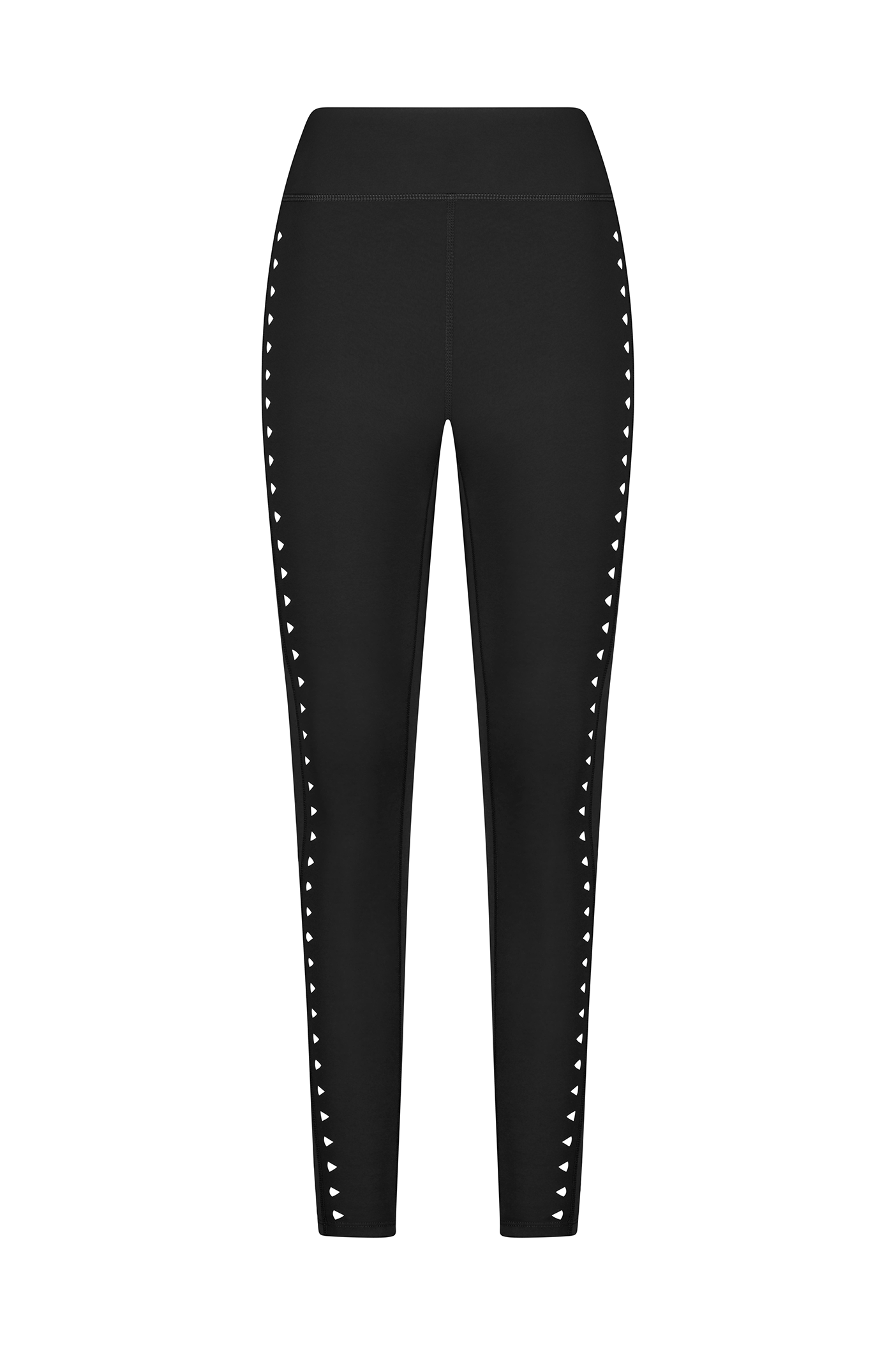 Introducing the Katrina Legging from Gigi C Sport: Black high-waist, slim-fit leggings with heart-shaped white studs on the sides. Crafted with seamless compression fabric, these leggings offer a sleek look without visible logos or patterns.