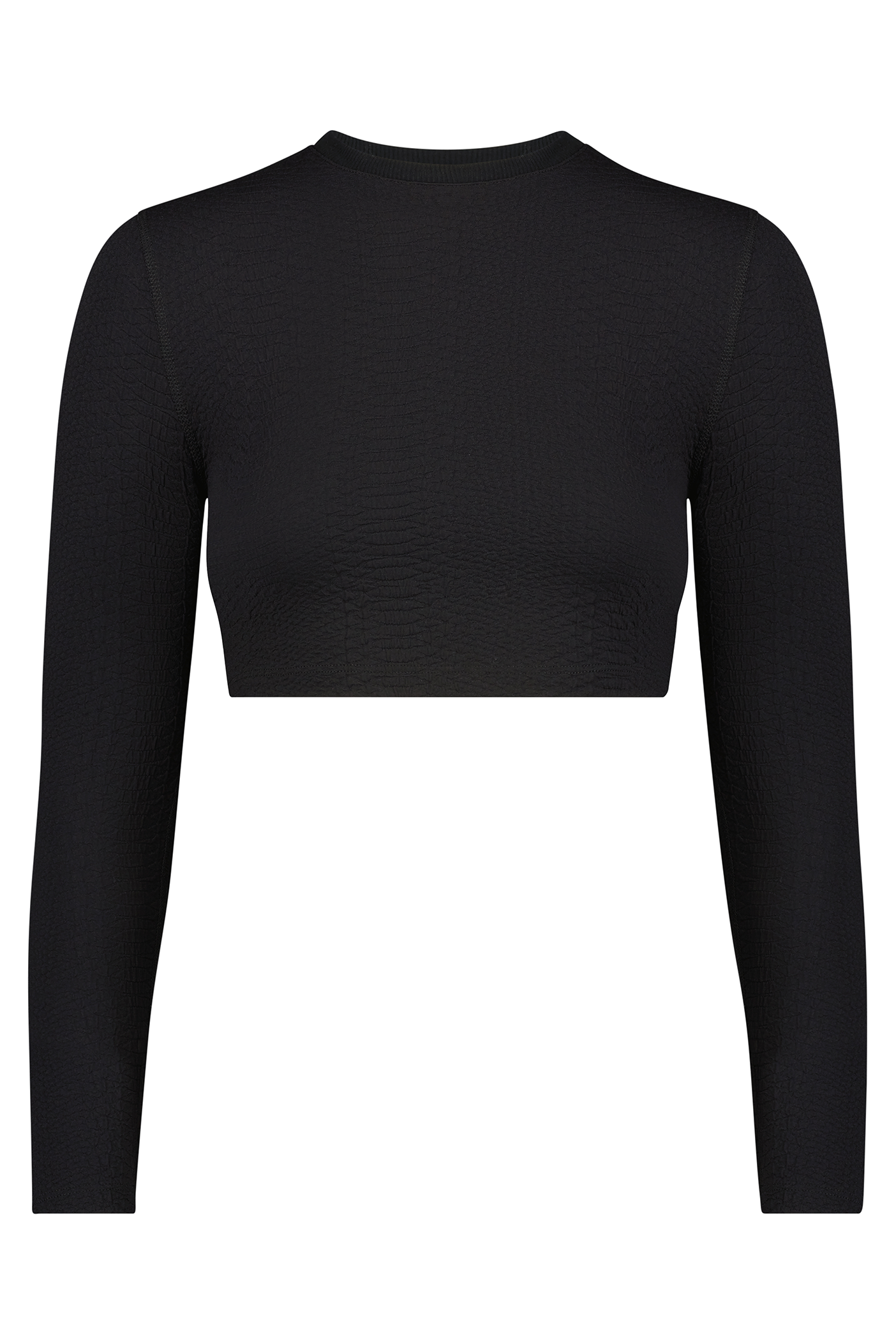 The Isabella Pullover by Gigi C Sport is a black, long-sleeve cropped top with a ribbed crew neck and textured faux snake fabric, displayed against a white background to highlight its minimalist design and fitted style.