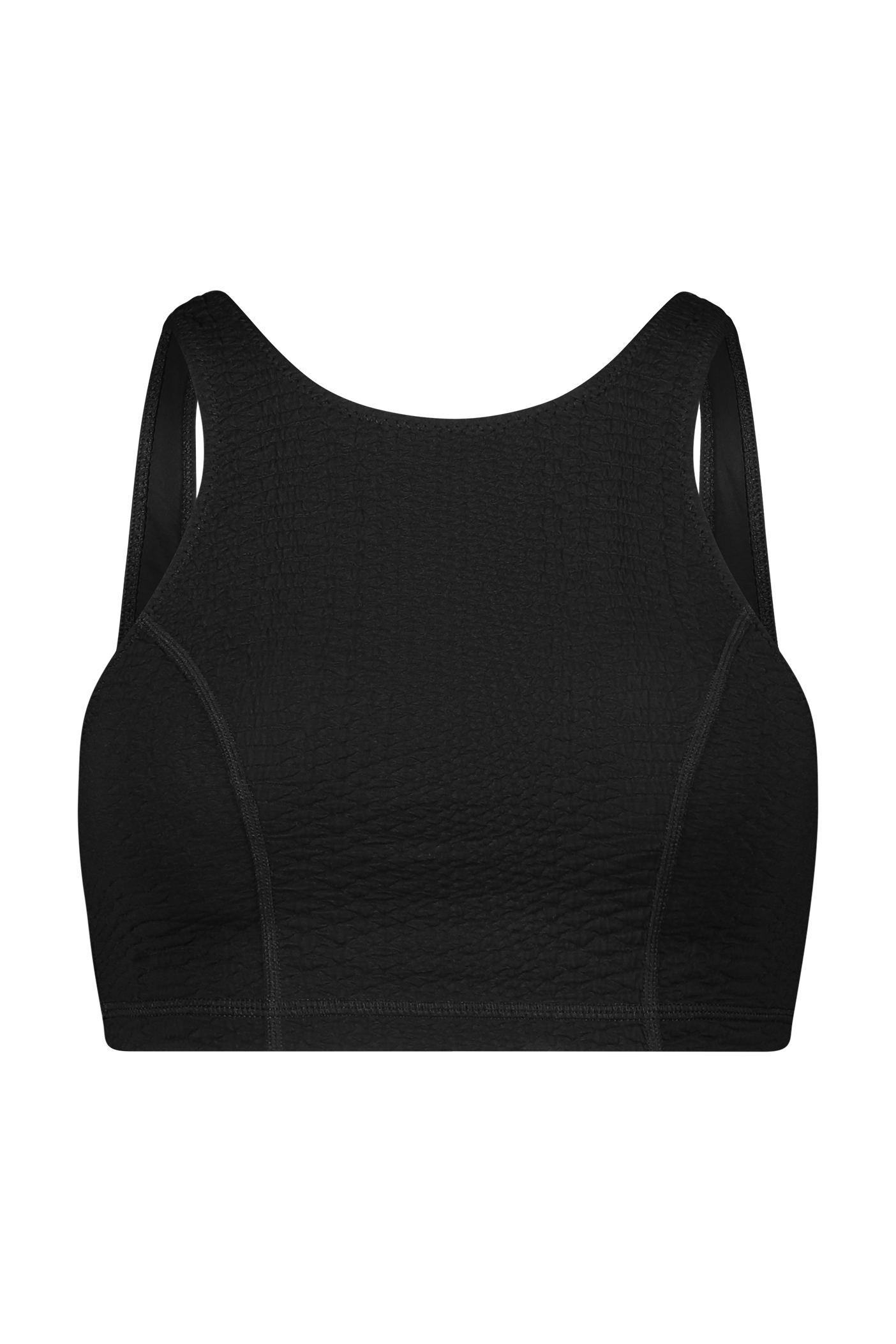 The Devon Top by Gigi C Sport is a black textured sports crop with wide straps and a scoop neck, offering medium support through bi-stretch compression. Its faux snake design on a white background adds exotic flair, while the fabric remains slightly stretchy and fitted for athletic use.