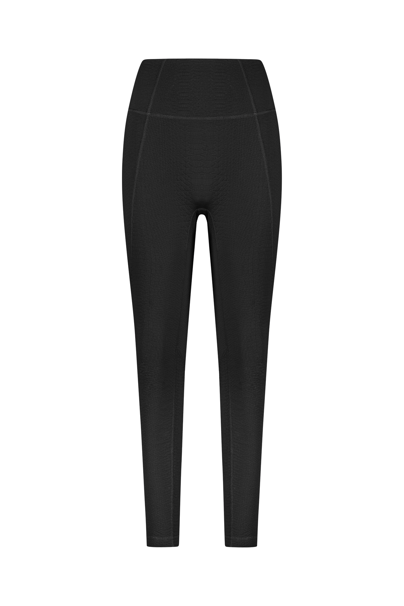 A black Ava Legging by Gigi C Sport is displayed on a white background, showcasing its sleek, fitted design with faint stitching near the waist and sides. Made from bi-stretch compression waffle jacquard fabric, it enhances the athletic look.