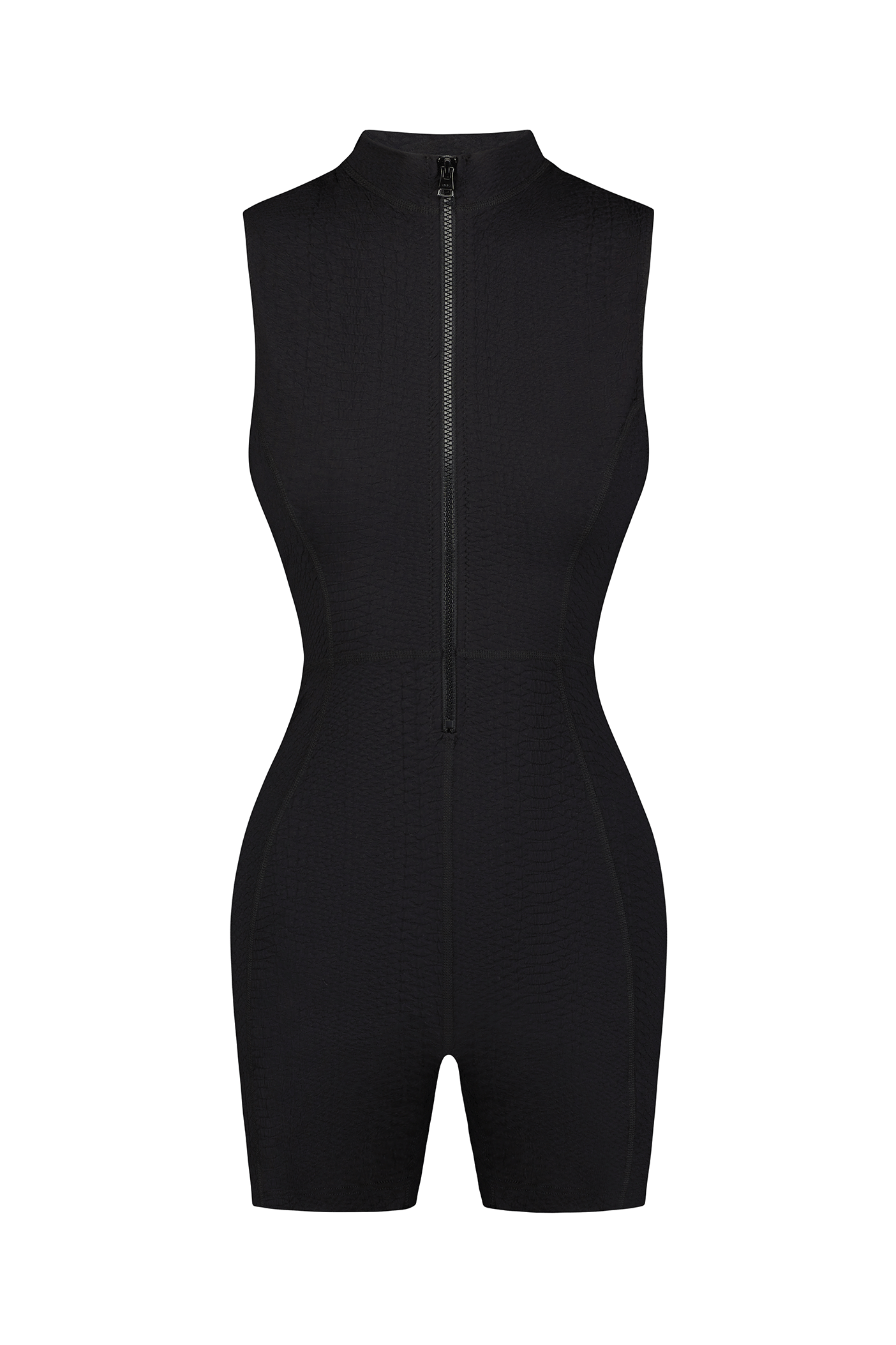 The Keelan Romper by Gigi C Sport is a black sleeveless romper with a high neckline, front zipper, and a fitted silhouette in textured snake fabric.