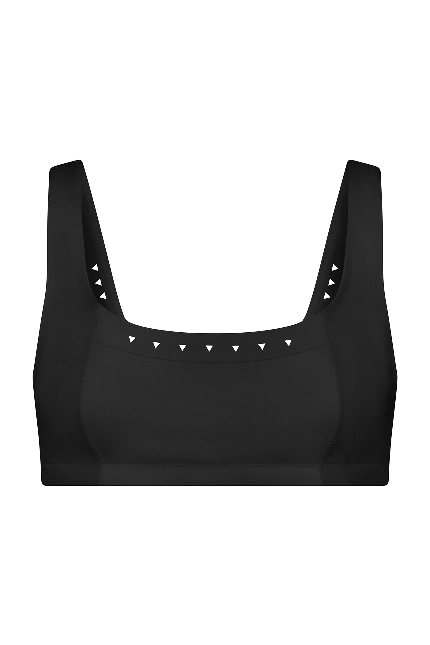 The Emily Bra by Gigi C Sport is a black tennis bra made from breathable fabric, featuring wide straps and a square neckline. It includes small white triangles along the edge for subtle decoration.