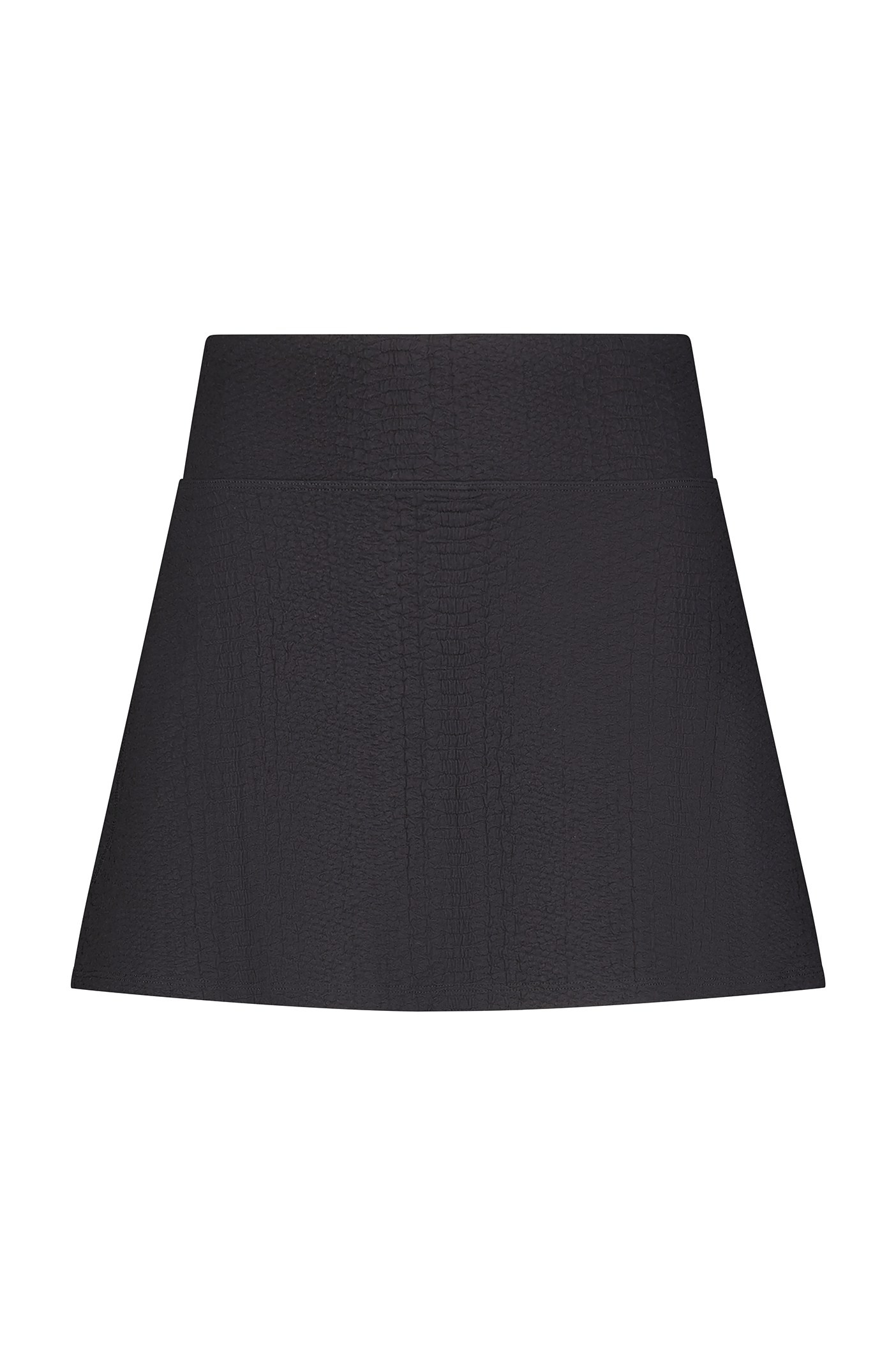 The Heidi Skort by Gigi C Sport is a black high-waist A-line mini skirt with a textured faux snakeskin pattern, set against a white background for an edgy look.