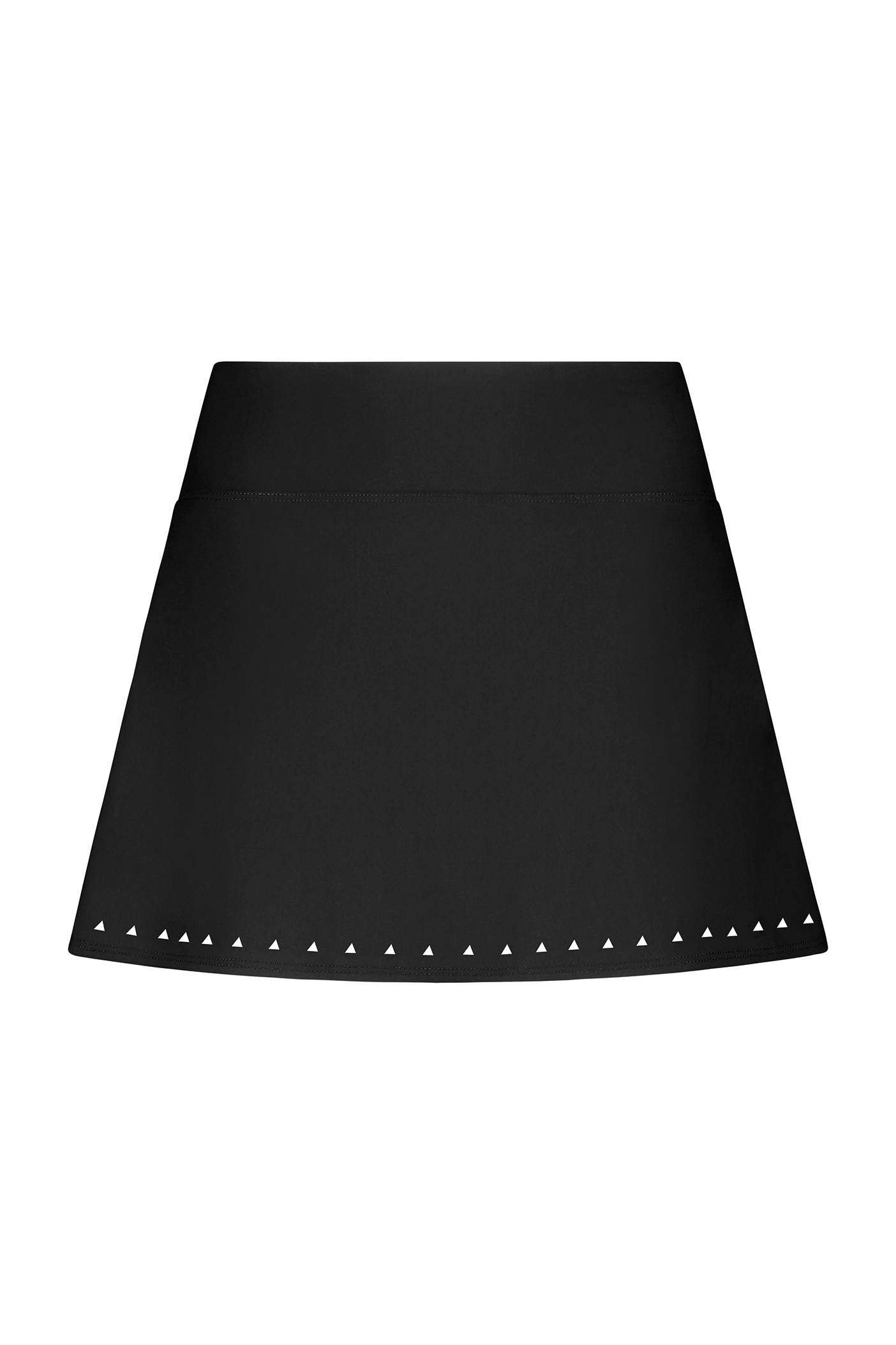 Presenting the Susie Skirt by Gigi C Sport: a black A-line skirt with a comfy waistband, smooth texture, and triangular cut-outs at the hem. This simple yet elegant piece includes built-in shorts, ideal for both casual and formal events.