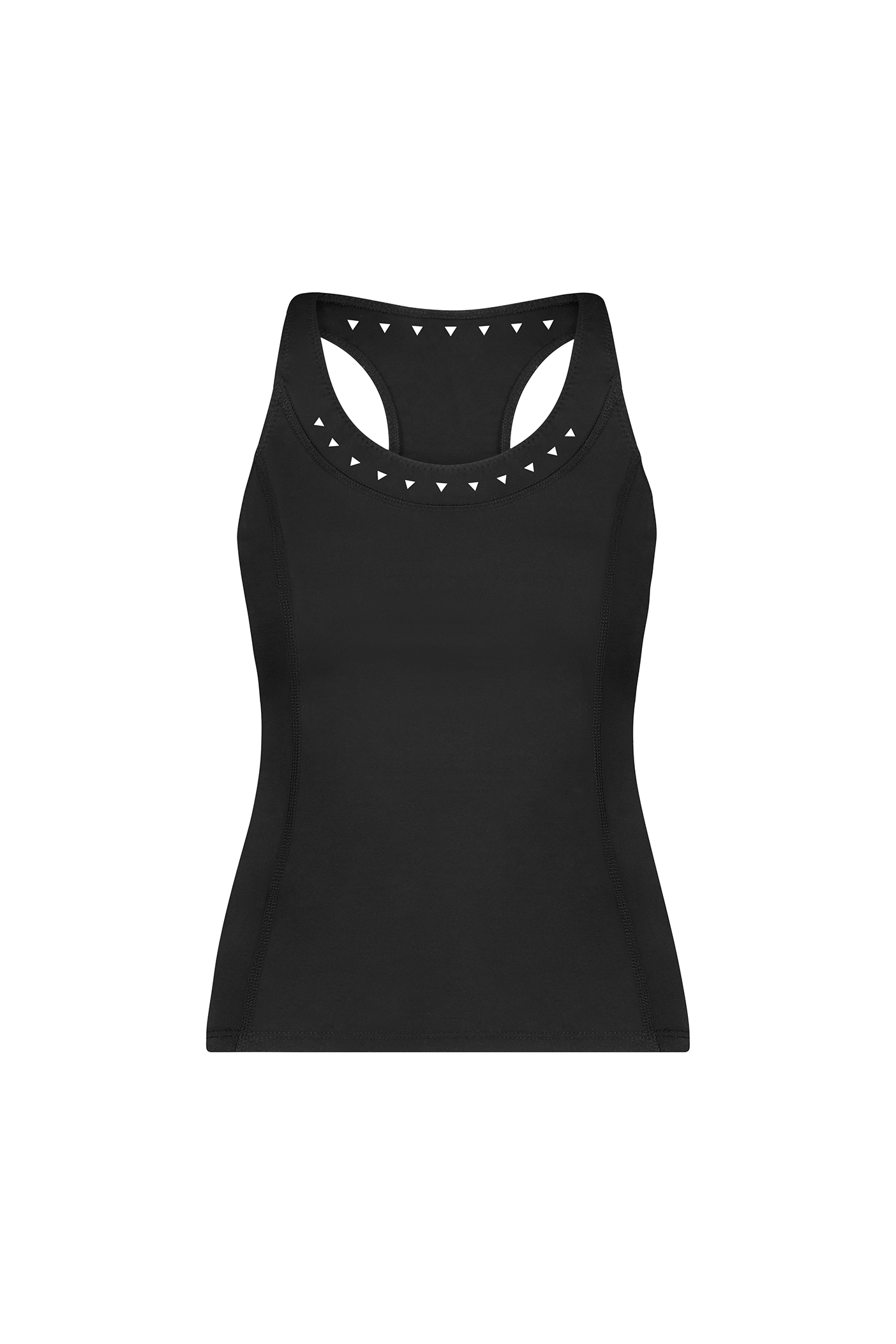 The Roberta Tank by Gigi C Sport is a sleeveless, black athletic top with laser cutouts at the neckline and racerback, made from breathable fabric for maximum comfort.