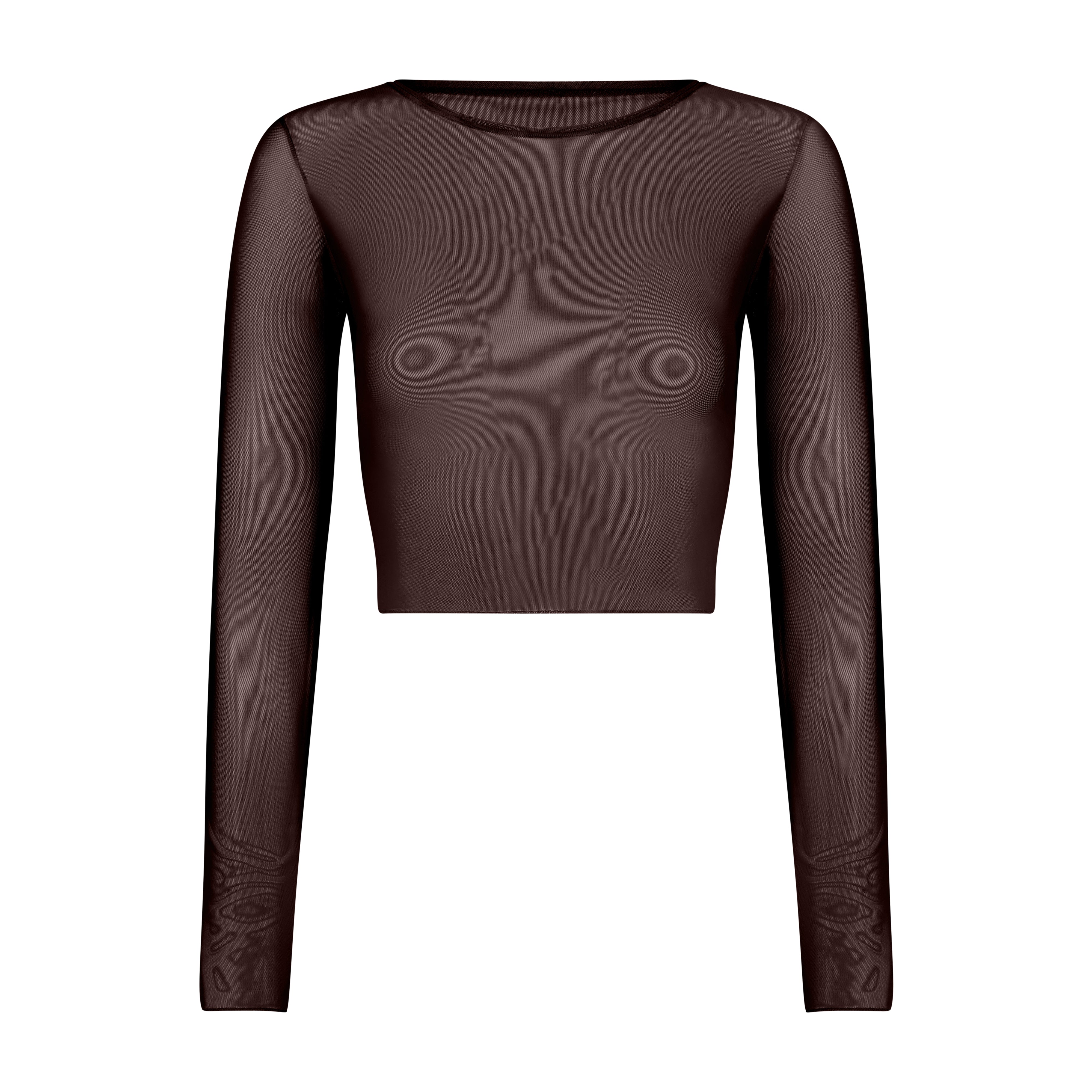 Introducing the Caroline Mesh Crop Top by Gigi C Bikinis from the Resort 2025 Collection. This long-sleeved, sheer crop top features a silky mesh in deep brown with a straight neckline on a white background for an effortlessly chic look.