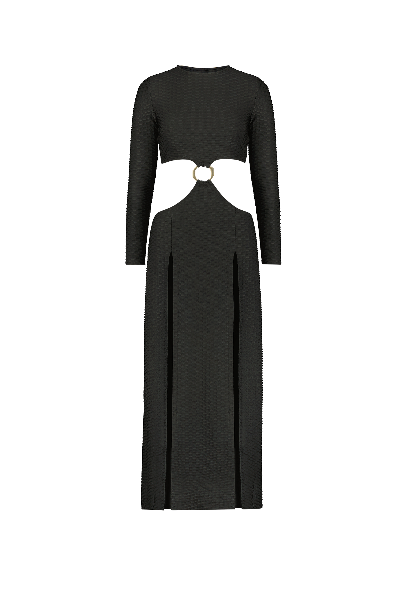 Introducing Gigi C Bikinis Arihanna Maxi Dress: a sleek black dress featuring a modest neckline, textured fabric, long sleeves, thigh-high splits, and a midriff cutout connected by an asymmetric ring for an elegant yet bold look.