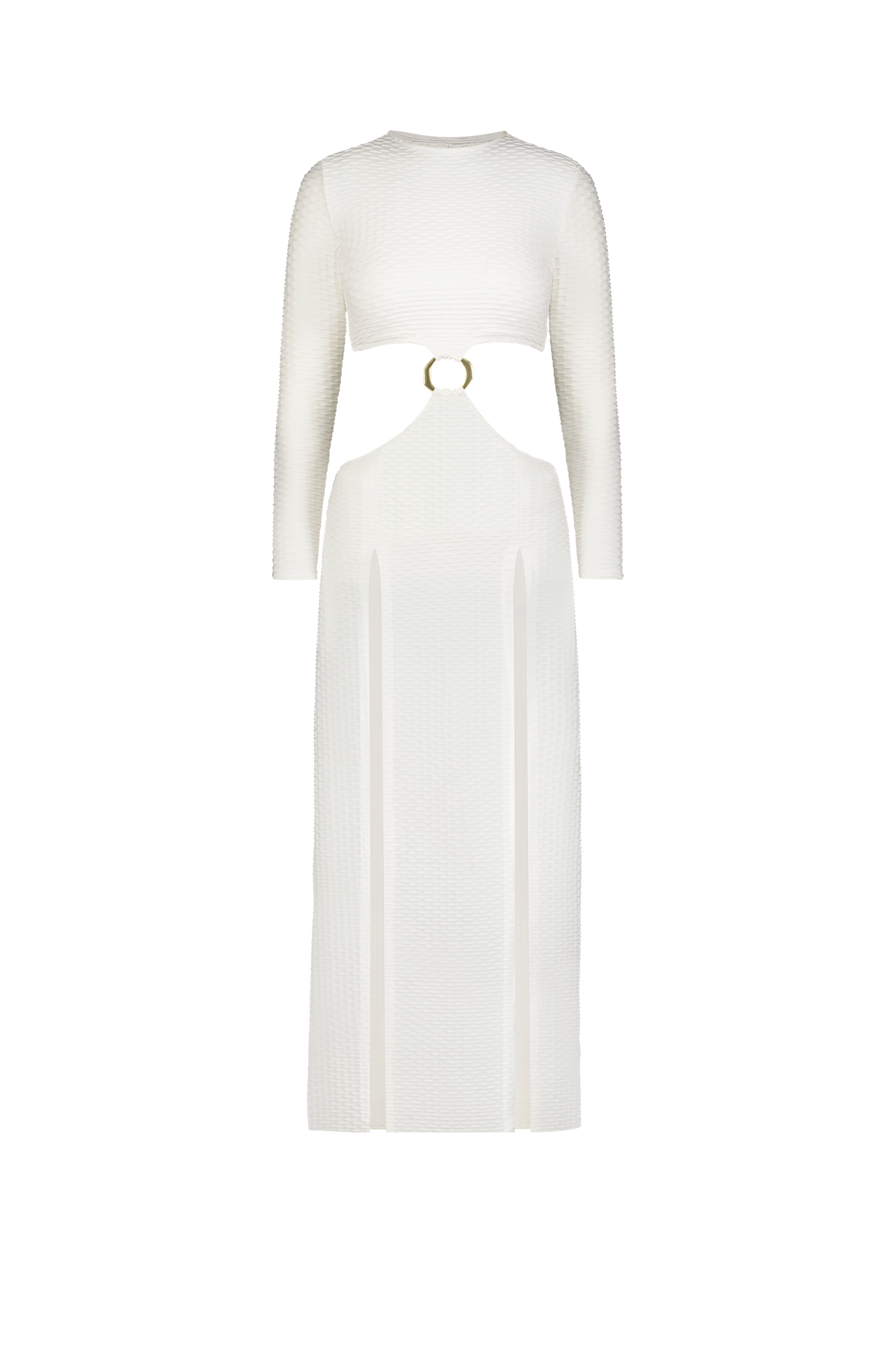 The Arihanna Maxi Dress by Gigi C Bikinis is a striking white, floor-length piece with long sleeves, a textured pattern, and an asymmetric ring-accented circular waist cutout. Its high neck and fitted silhouette blend elegance and contemporary style seamlessly.