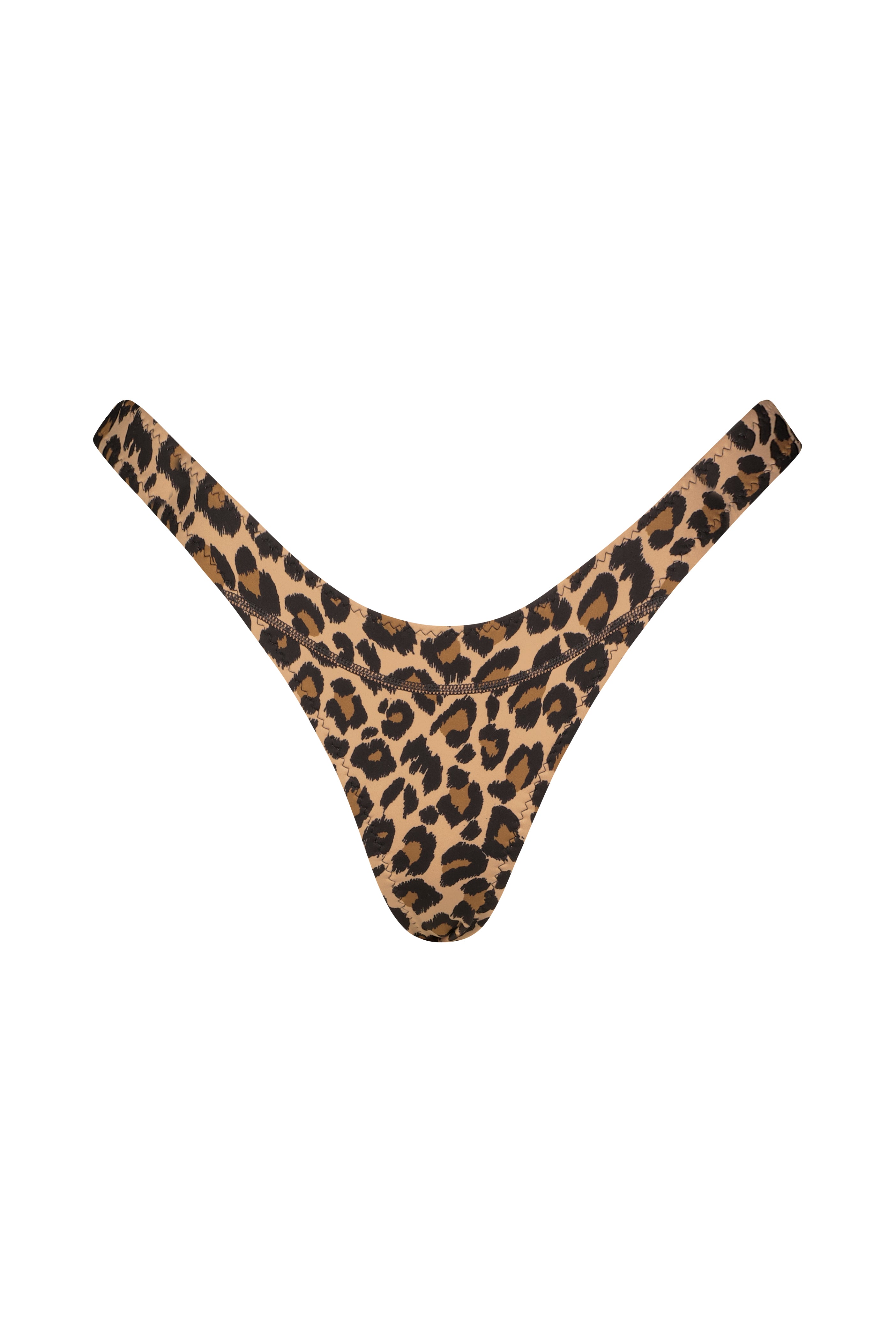 The Francesca Bottom by Gigi C Bikinis is a leopard-print thong with a V-shape design and high-cut legs. Its classic brown and black pattern offers a bold style, while smooth, seamless edges provide a sleek finish.