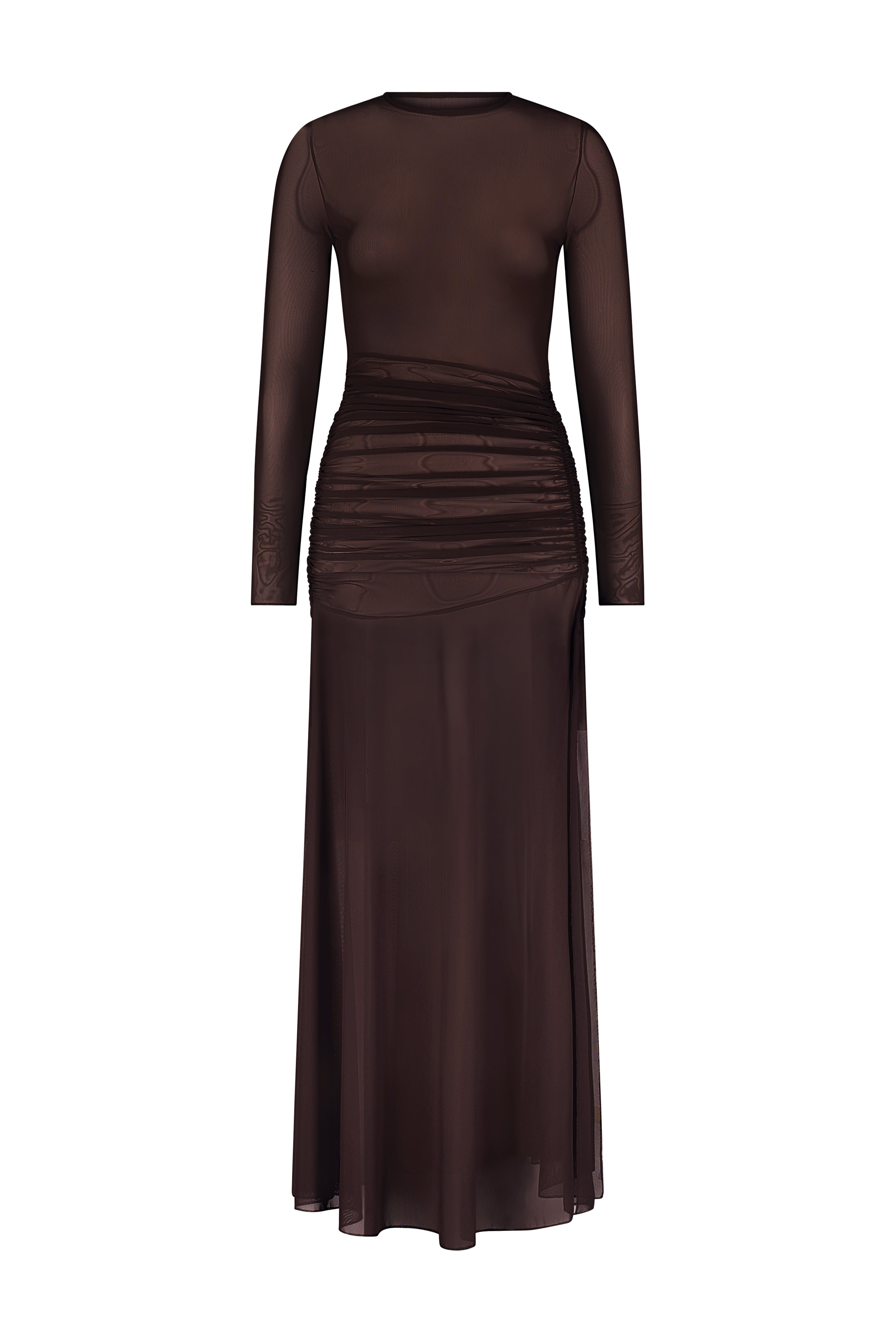 The Gigi C Bikinis Gisele Maxi is a sheer brown, long-sleeved floor-length dress with a fitted bodice and ruching at the waist for a draped effect, crafted from silky mesh for a lightweight, translucent allure.