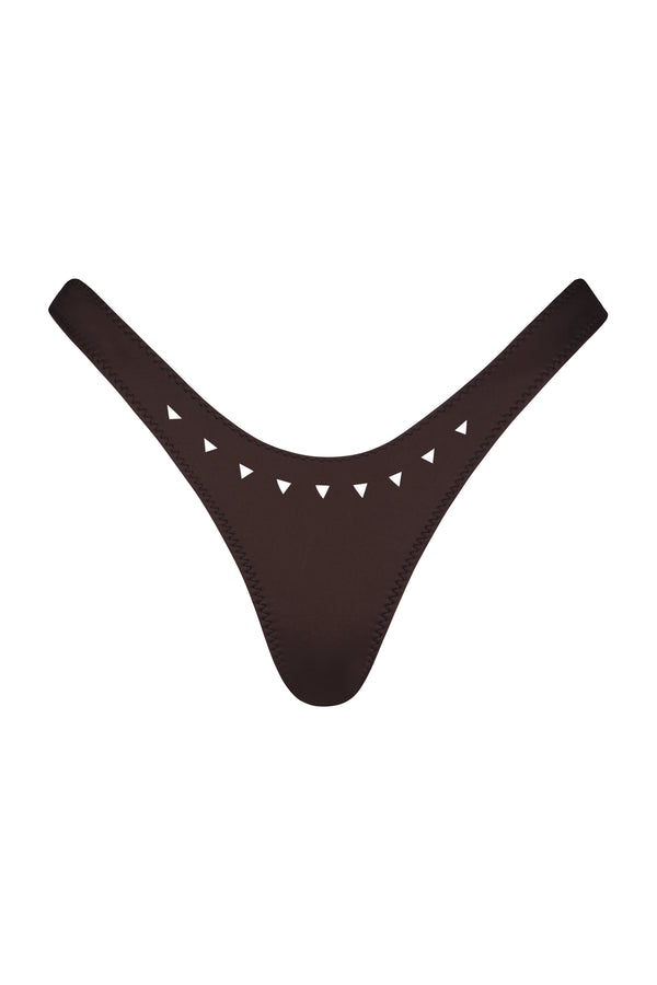 The Jaclyn Bottom by Gigi C Bikinis is a black thong with sleek scuba fabric and signature triangle cutouts on the front waistband.