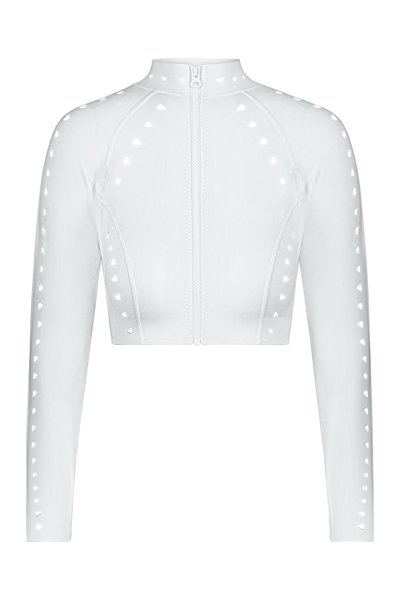 The Morgan Surf Jacket by Gigi C Bikinis is a white long-sleeve crop top with a front zipper, made from sleek scuba fabric. It has triangular perforations on the sleeves and shoulders, offering an edgy vibe with its geometric cutout design for a form-fitting silhouette.