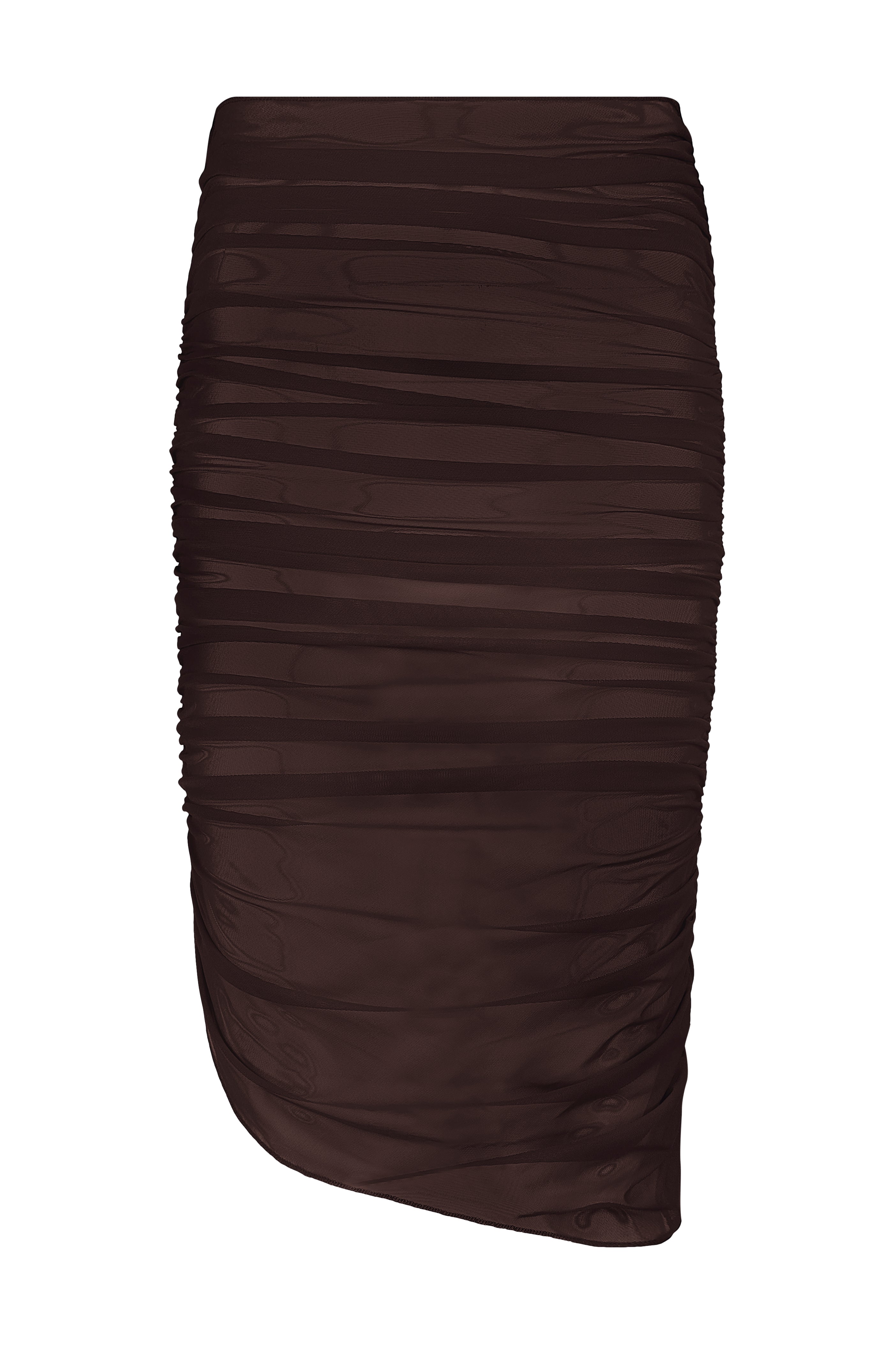 The Odette Skirt by Gigi C Bikinis is a ruched chocolate brown pencil skirt with an asymmetrical hem, made from textured silky mesh fabric. This elegant midi-skirt features gathered lines for a layered effect, ideal for various occasions.