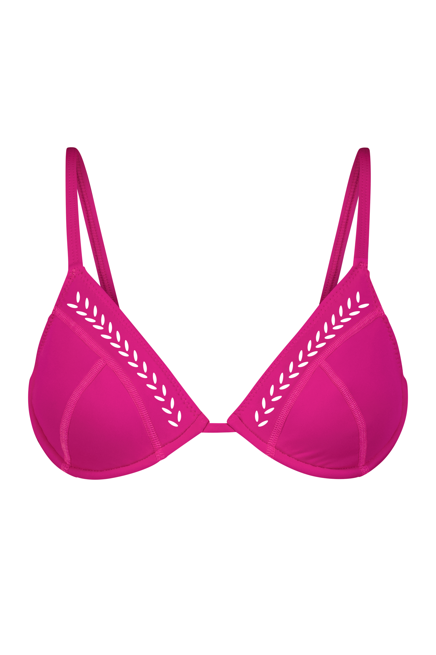 The Alice Bra by Gigi C Bikinis showcases a trendy pink bikini style with thin straps and intricate laser cutouts, perfect for updating your beachwear collection.