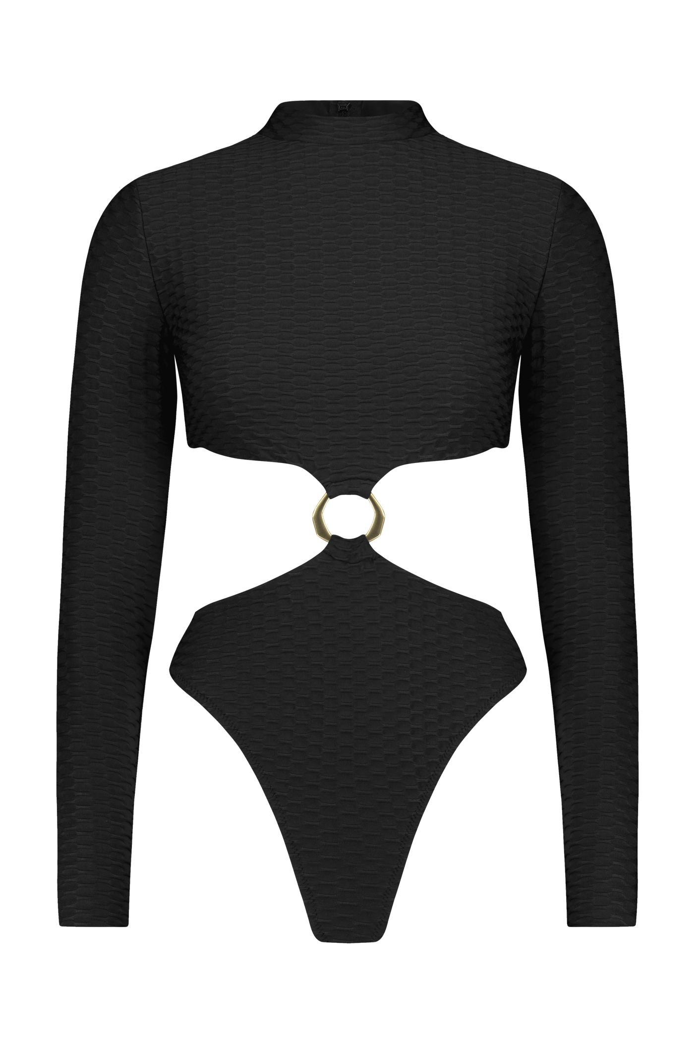 The Jordan Surfsuit by Gigi C Bikinis is a black long-sleeve bodysuit with textured fabric, an asymmetric ring with a central cut-out, high neckline, and high-cut leg openings. It is chlorine tested for durability.