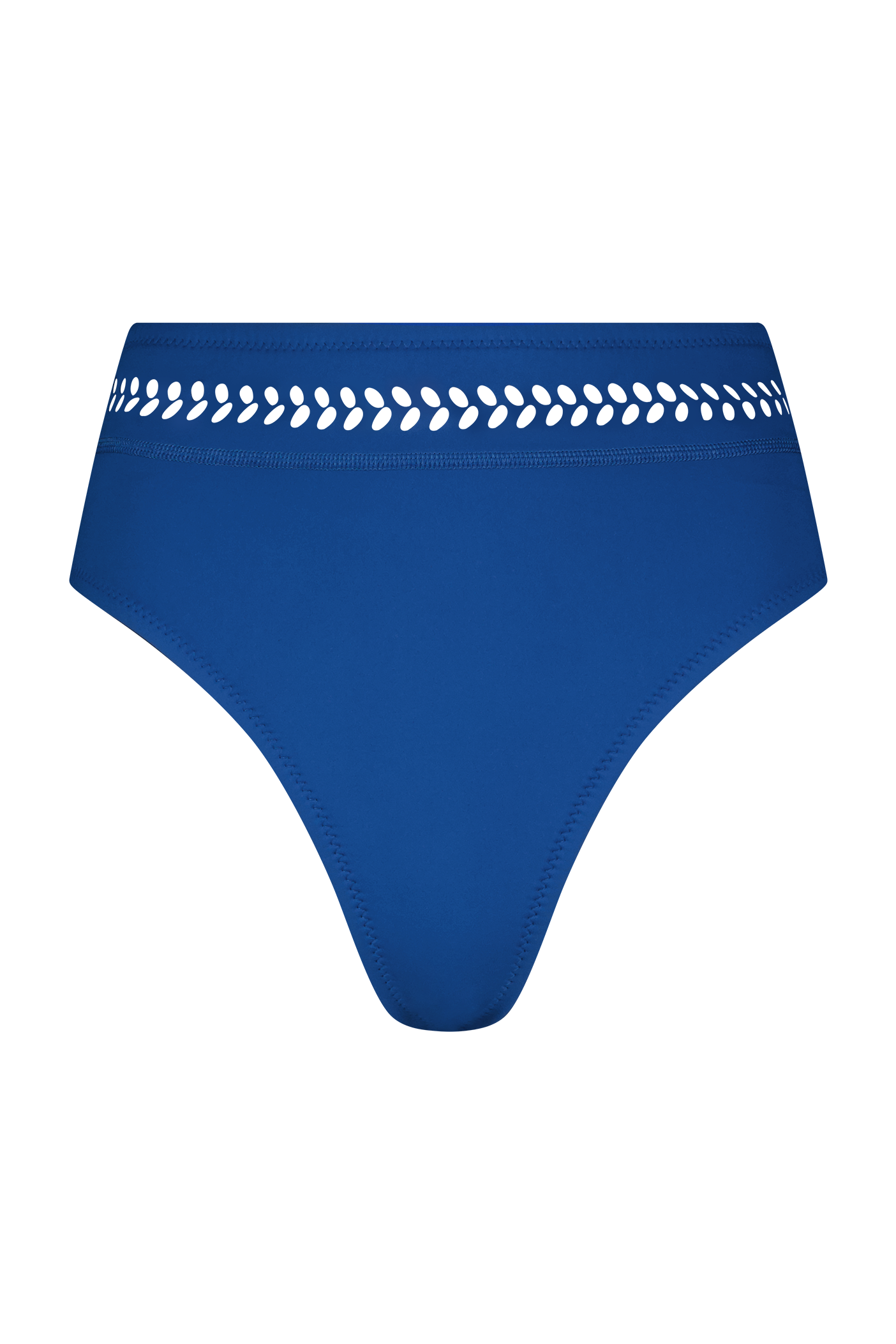 The Tabitha Bottom by Gigi C Bikinis is a high-waisted, blue scuba fabric bikini bottom with a black waistband, featuring a heart-shaped laser cutout pattern.