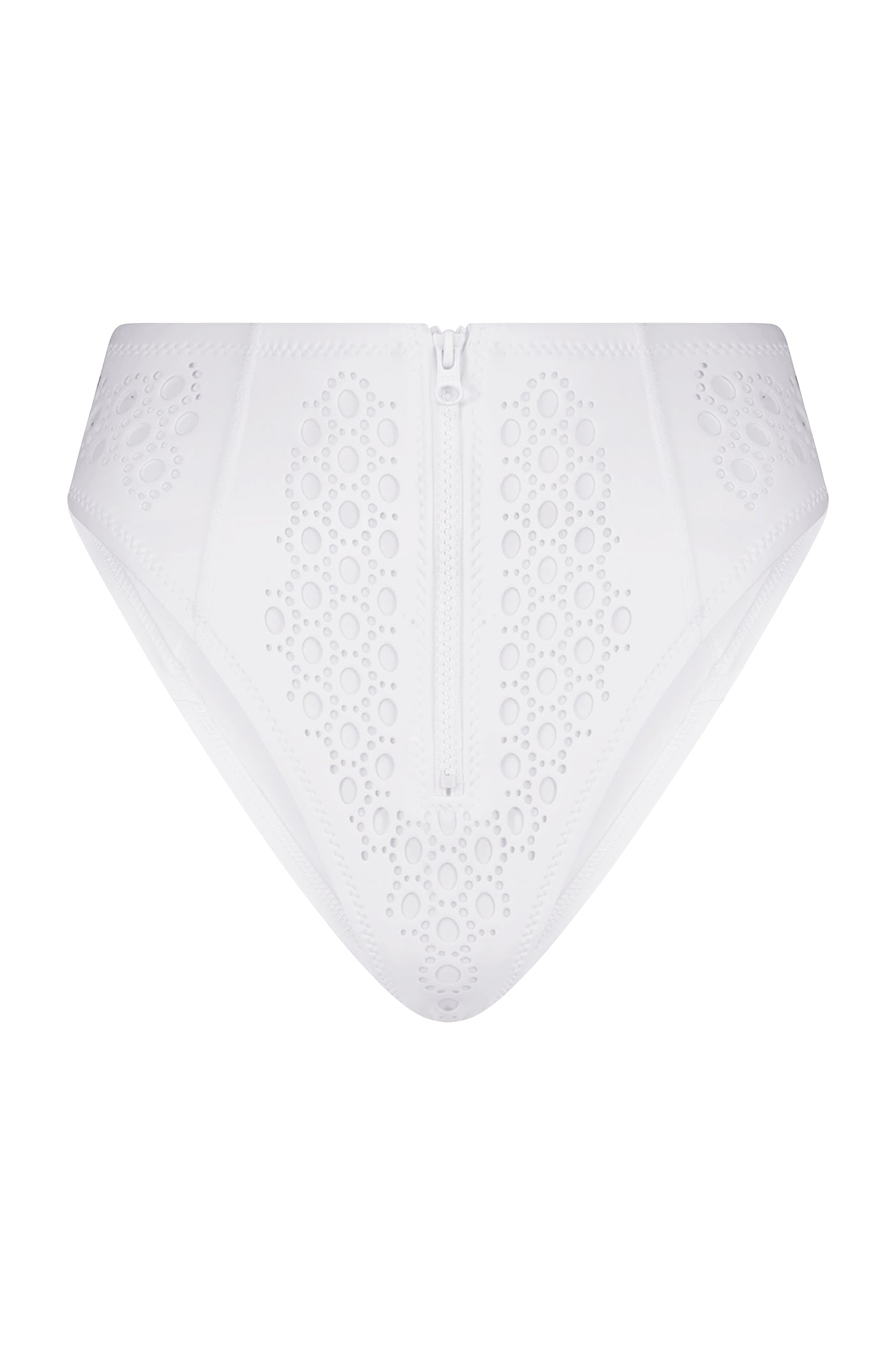 The Amy Bottom from Gigi C Bikinis is a white high-waisted piece with a front zip, featuring elegant floral lace patterns and sophisticated laser cutouts.