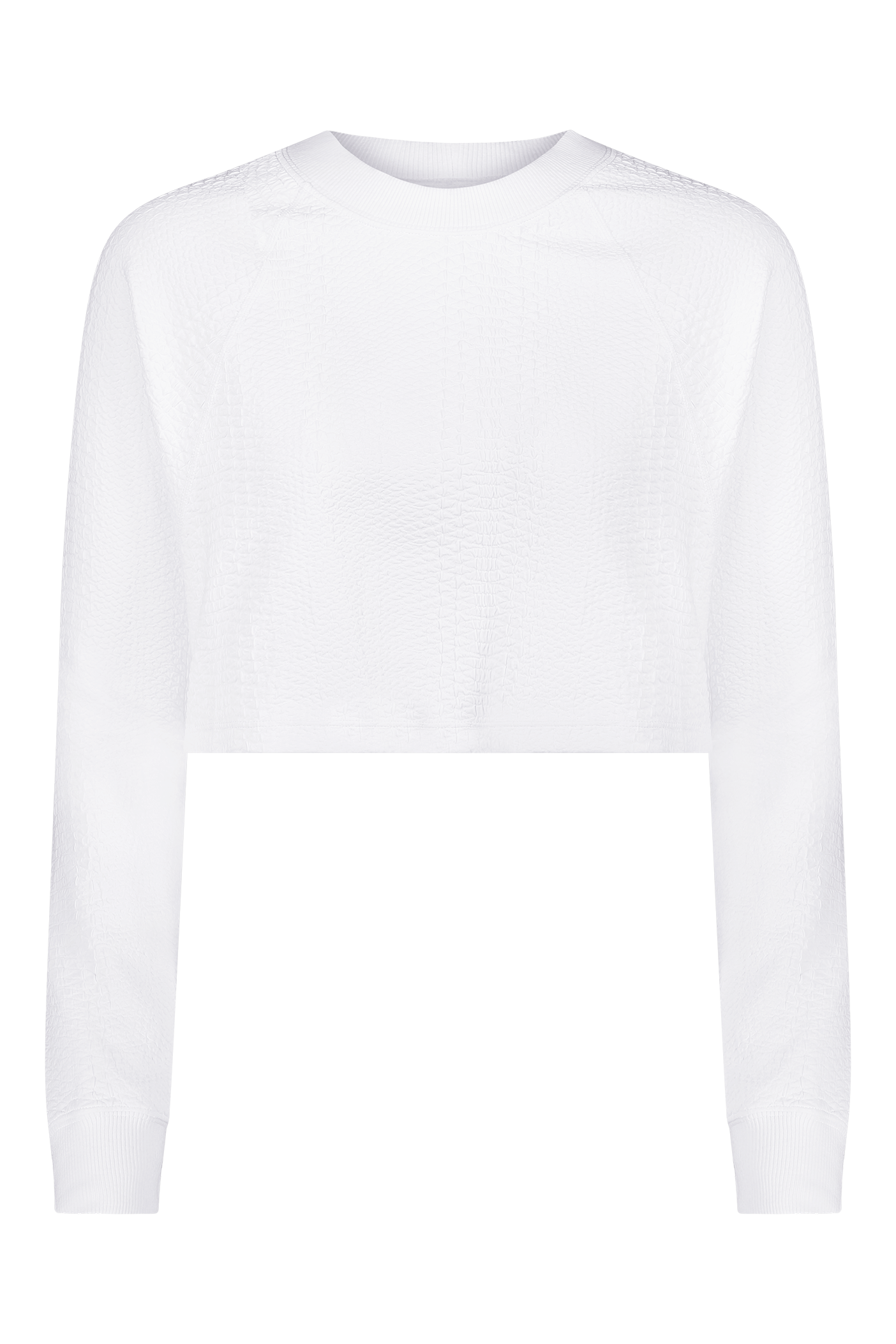 The Gigi C Sport Isabella Pullover is a plain white long-sleeve cropped sweater with ribbed crew neck and cuffs. Its smooth texture and subtle patterns add elegance to the design, while the transparent background highlights its clean lines.