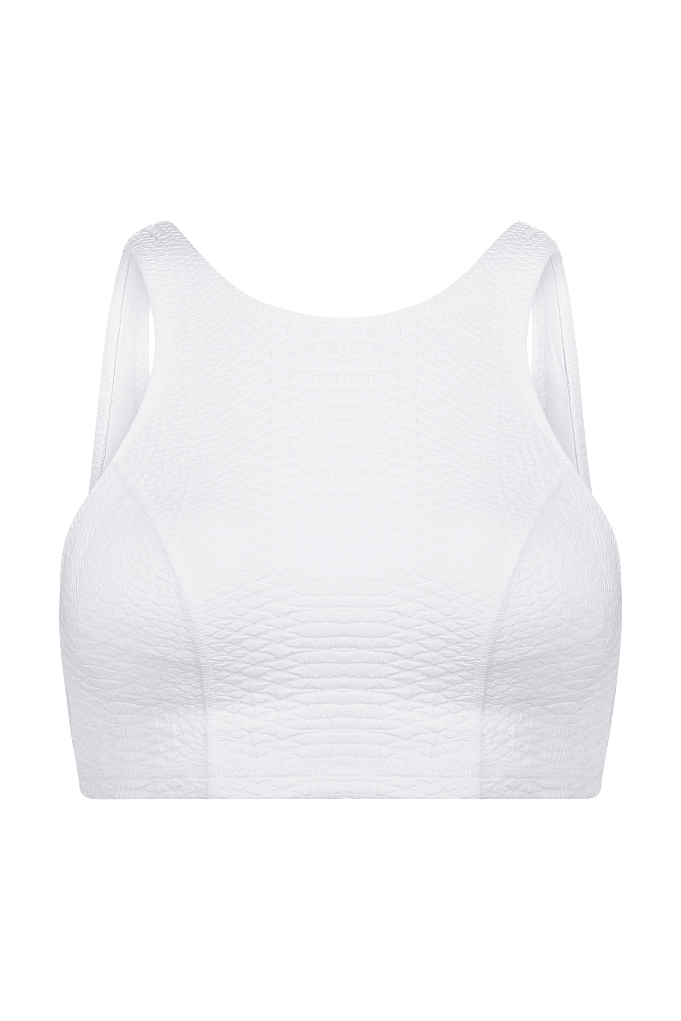 The Devon Top by Gigi C Sport is a white textured sports bra with medium support, featuring wide shoulder straps and a scoop neckline, displayed on a plain black background.