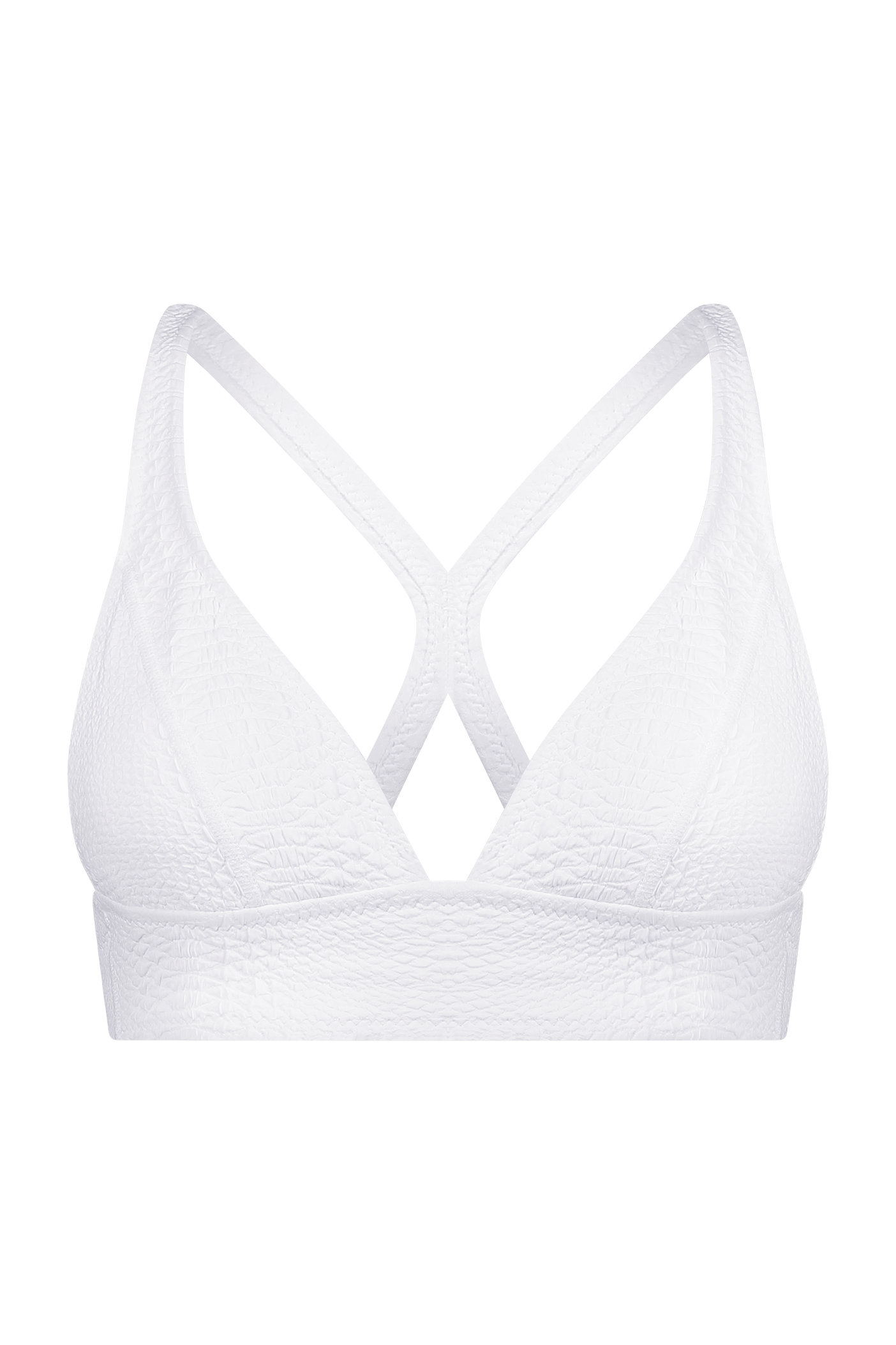 Front view of the Gigi C Sport Marissa Bra in white textured fabric, showcasing thin straps and a crisscross back for medium support. It exudes modern style with a faux snake detail hint.