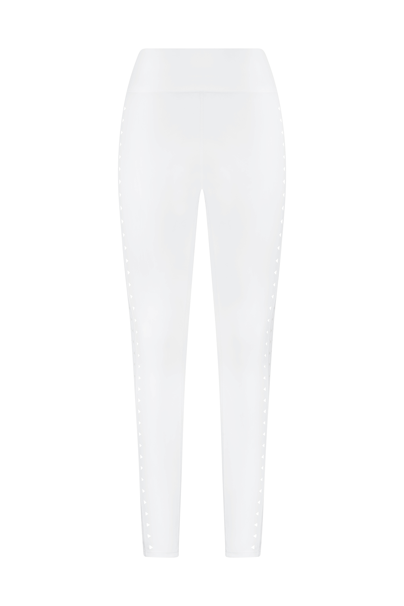 The Gigi C Sport Katrina Legging in white features subtle side details and laser cutouts for a sleek, simple look. Made with compression fabric, it’s perfect for casual or athletic wear. Its elegance is highlighted in the front view against a plain backdrop.